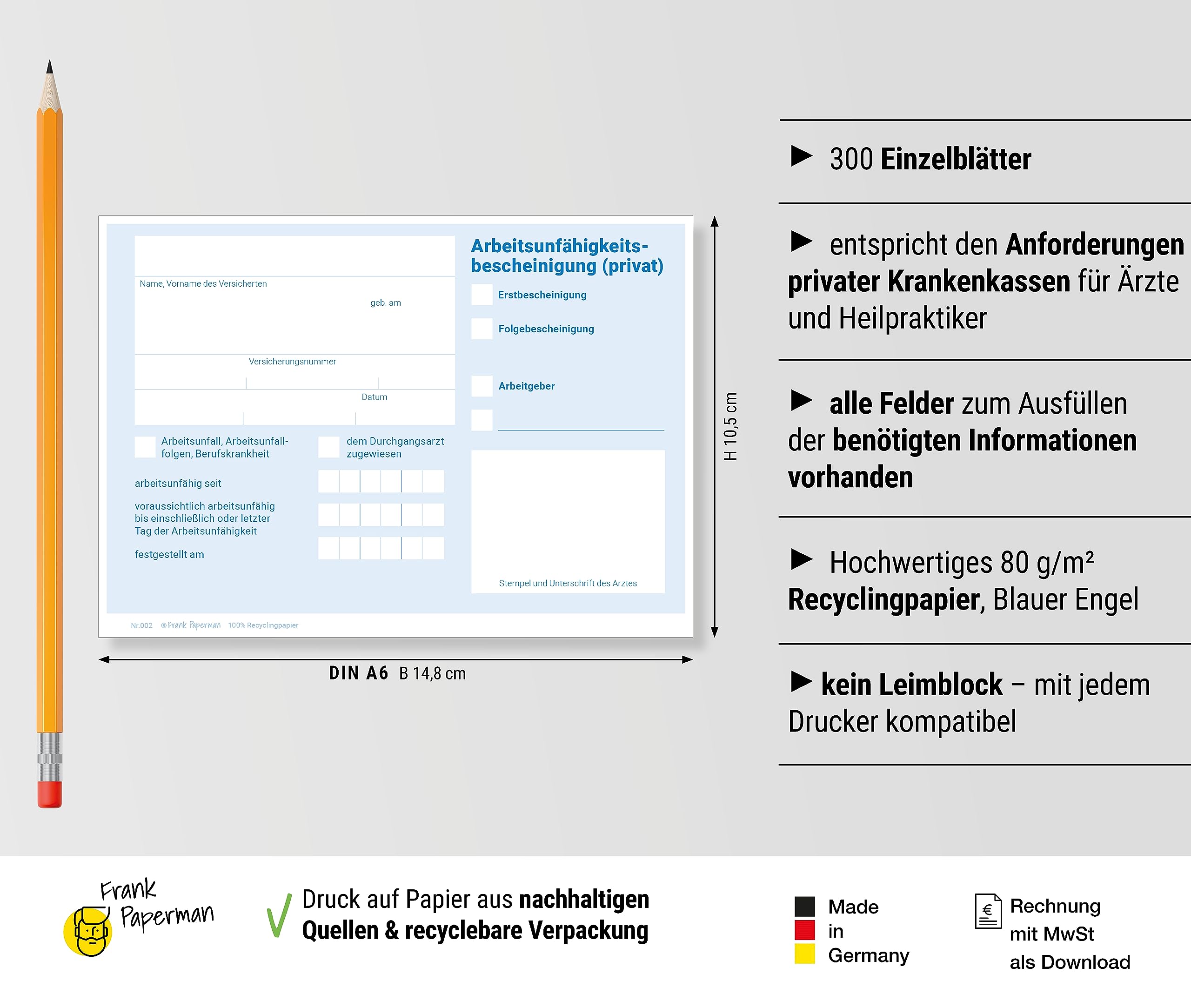 150x Blatt Attest block für Krankschreibungen | ungeblockt | Vordruck Arbeitsunfähigkeitsbescheinigung im DIN-A6-Format | Arzt Zubehör