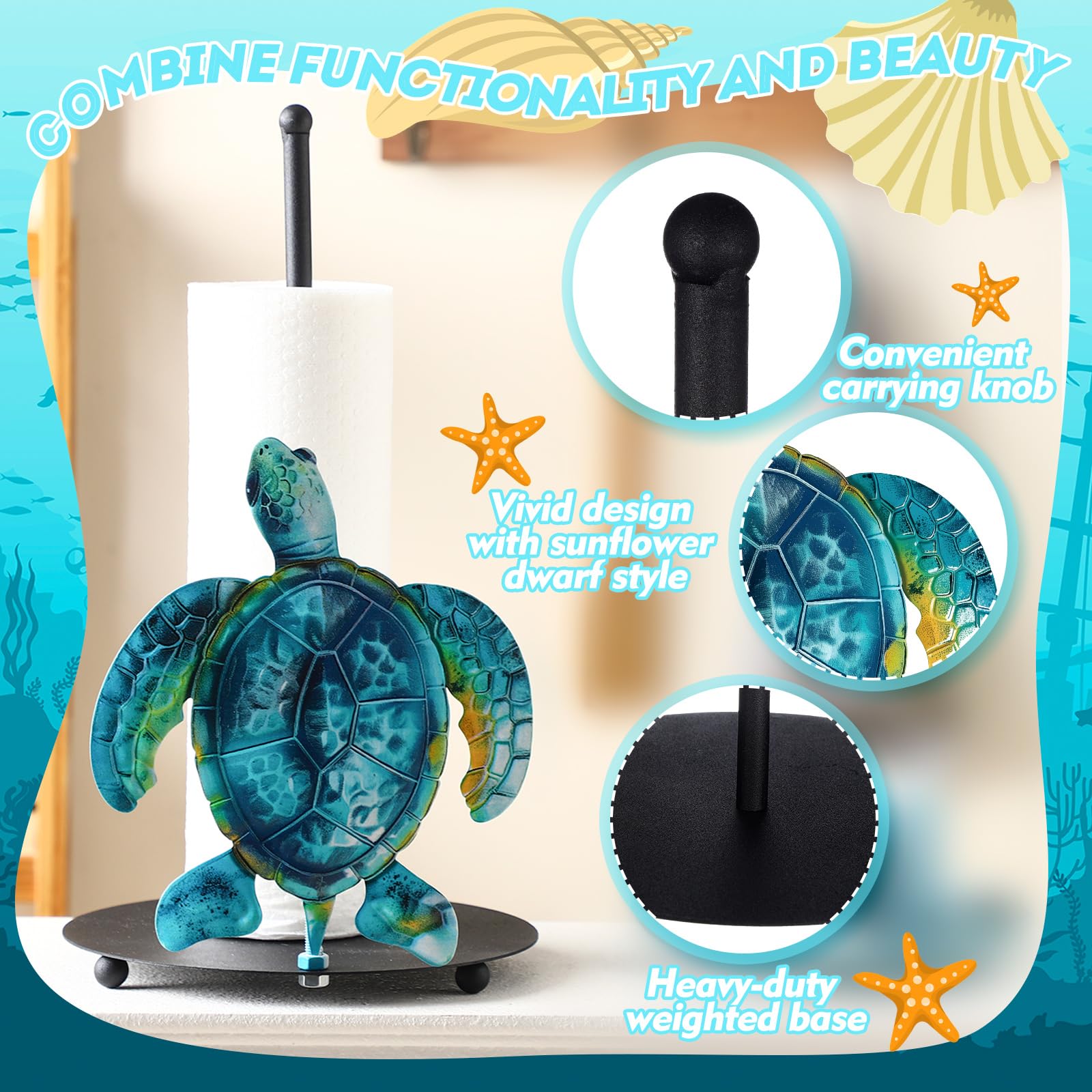 Soporte para toallas de papel de tortuga de playa de verano con redondo lindo soporte de toalla de cocina de tortuga marina, decoración de baño, decoración de casa costera, regalos para el hogar 4