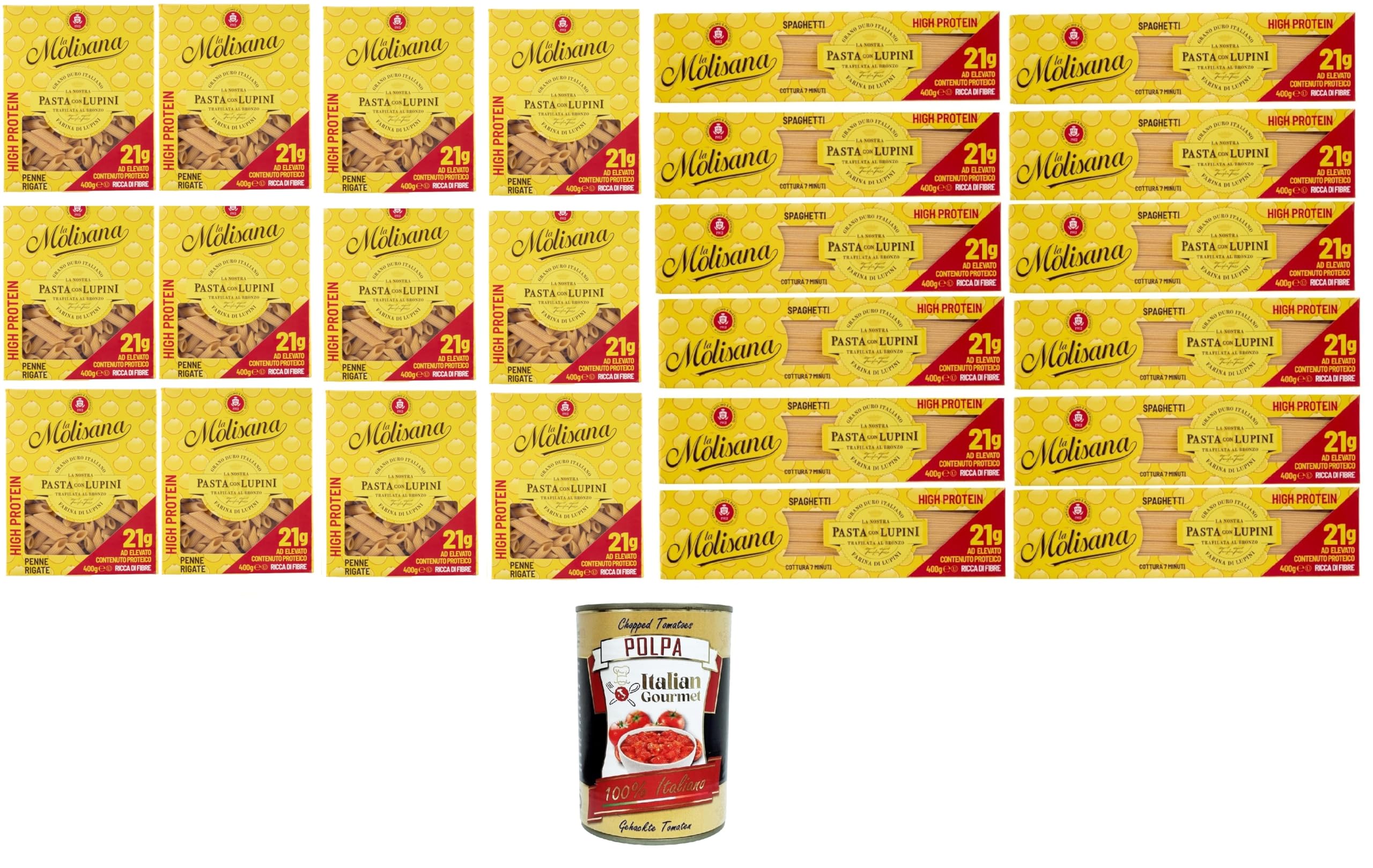 La Molisana, espaguetis y penne rigate con altramuces, tagliatelle de proteínas con harina de altramuz y sémola italiana de trigo duro, 24 x 400 g + polpa italiana gourmet 400 g