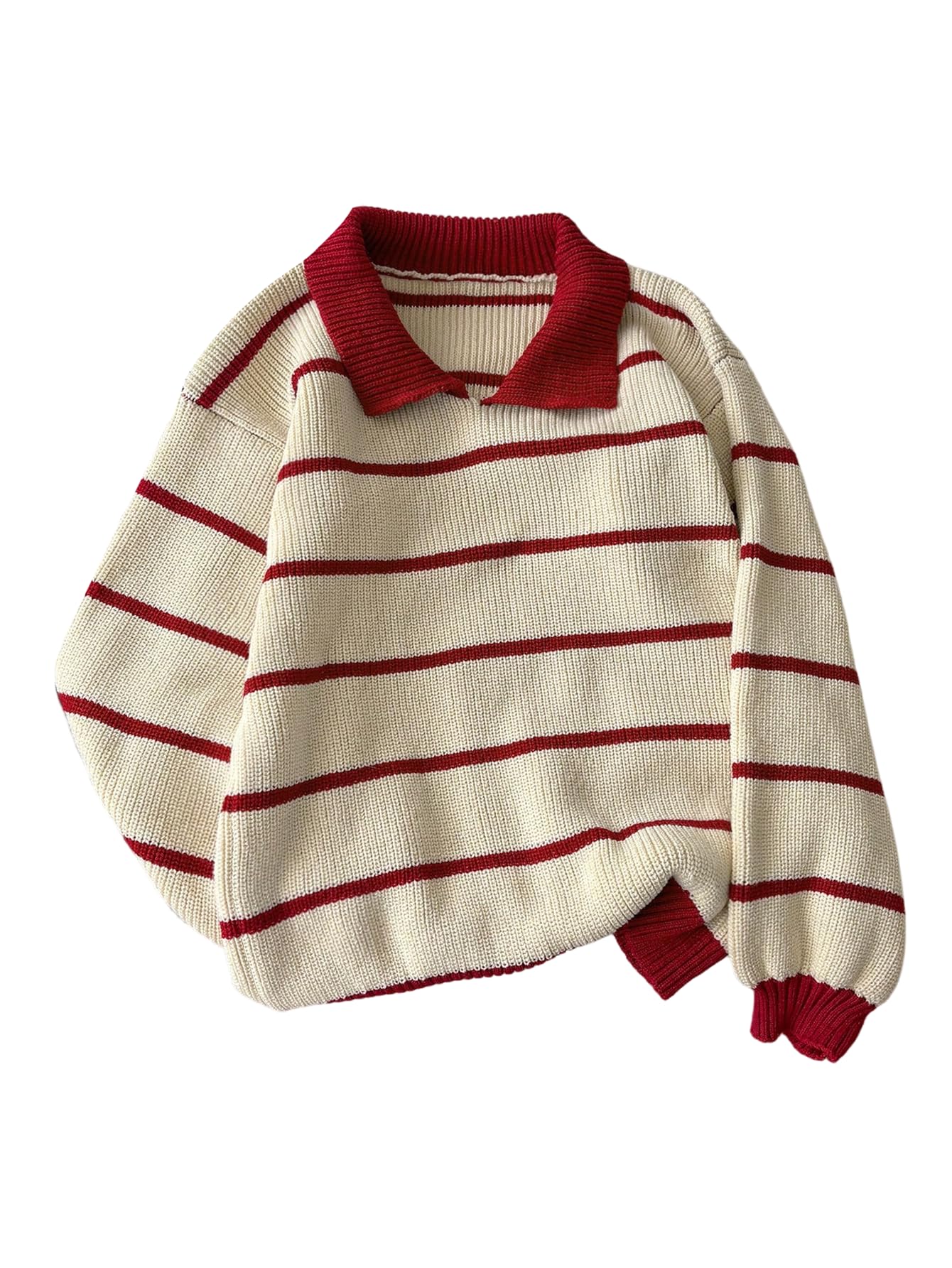 MakeMeChic Womens Collared Striped Sweater Long Sleeve Knit Fall Winter Sweaters Preppy Tops