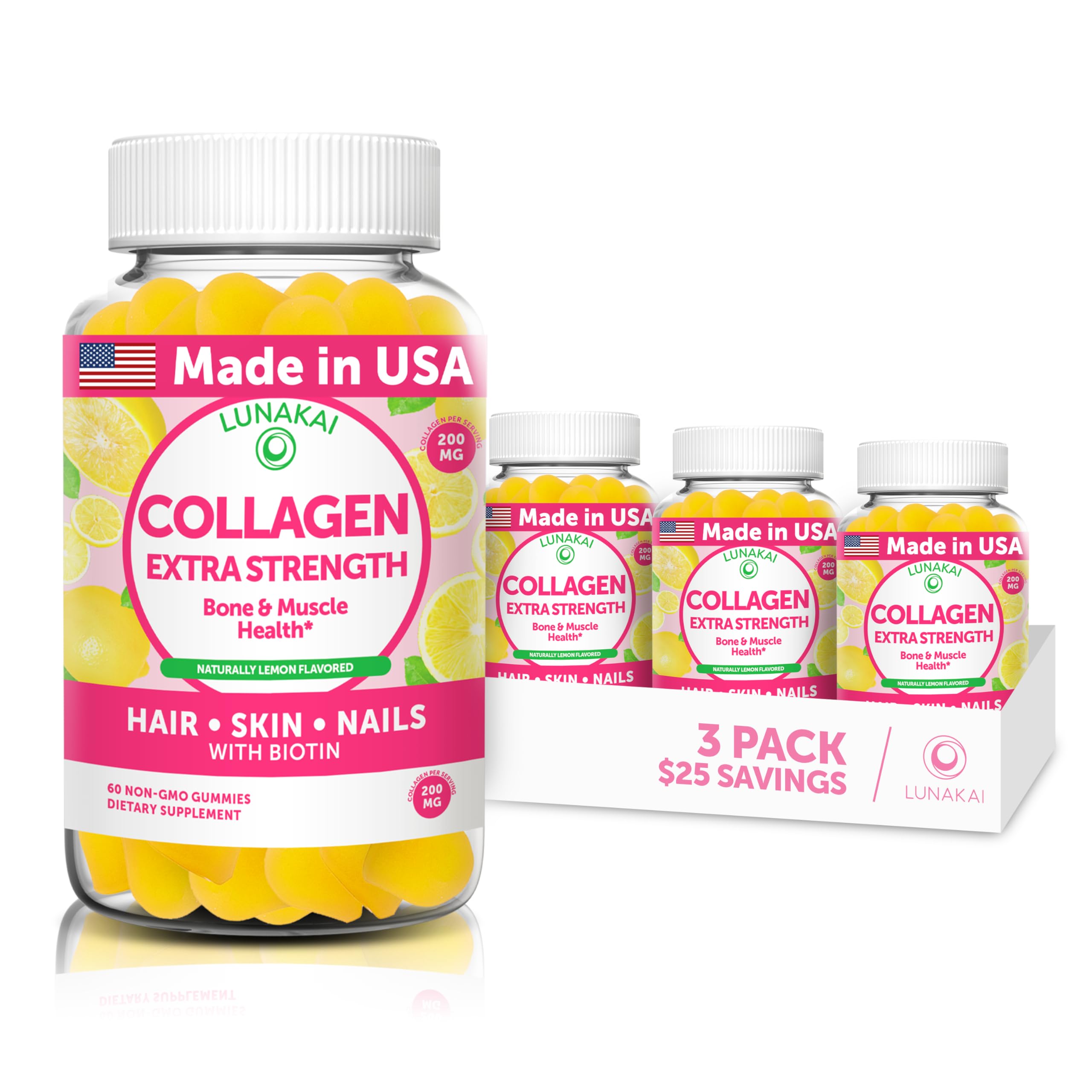Lunakai USA Made Collagen Peptides Gummies - 200mg Non-GMO Anti-Aging Formula with Biotin, Zinc, Vitamins C & E for Hair, Skin and Nails, 3 Pack | Biotin Gummies Lunakai USA Made Collagen Peptides Gummies - 200mg Non-GMO Anti-Aging Formula with Biotin, Zinc, Vitamins C & E for Hair, Skin and Nails, 3 Pack - Biotin Gummies