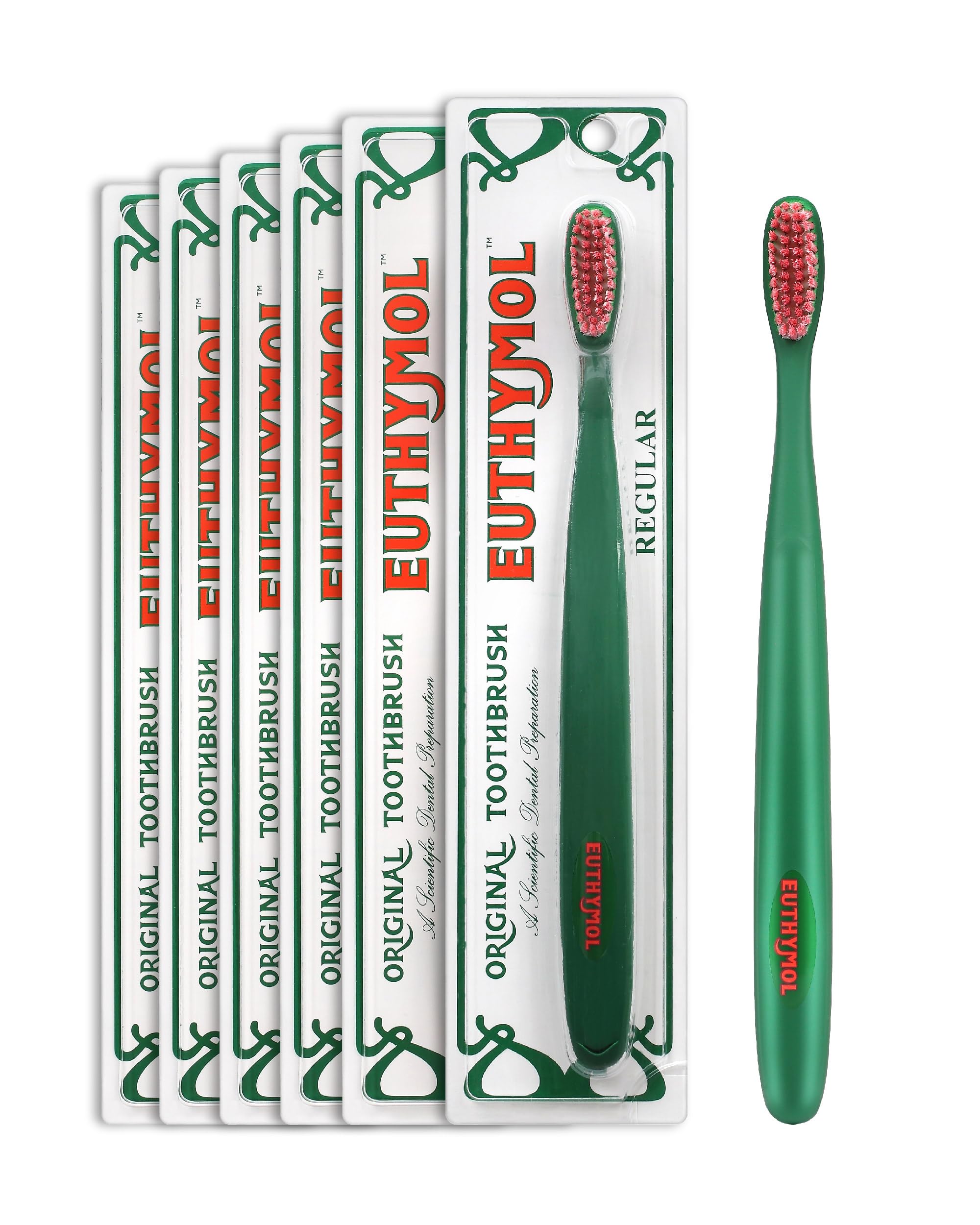 Euthymol Original Toothbrush (Regular, 6 Count) - Standard-Sized, Curved Soft Bristles for Sensitive Teeth, Gums. Effective, Gentle Cleaning for