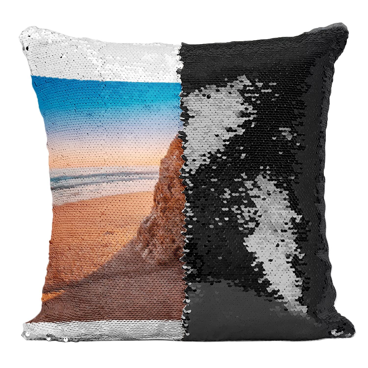Coussin paillettes noir coucher de soleil plage housse sequin déco