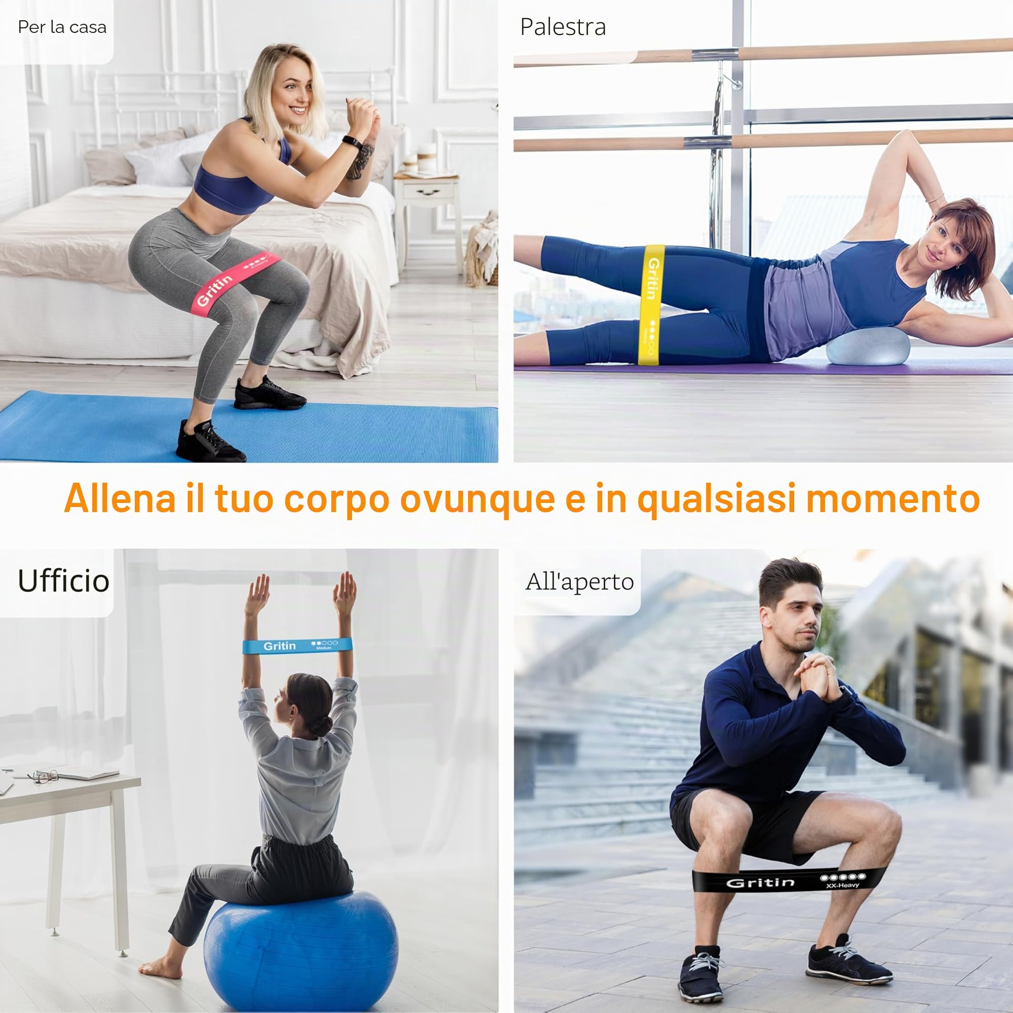 Gritin Elastici Fitness, Set di Fasce Bande Elastiche Fitness con 5 Diversi Livelli di Resistenza con Borse Portaoggetti, Elastici Palestra per Crossfit, Yoga, Pilates