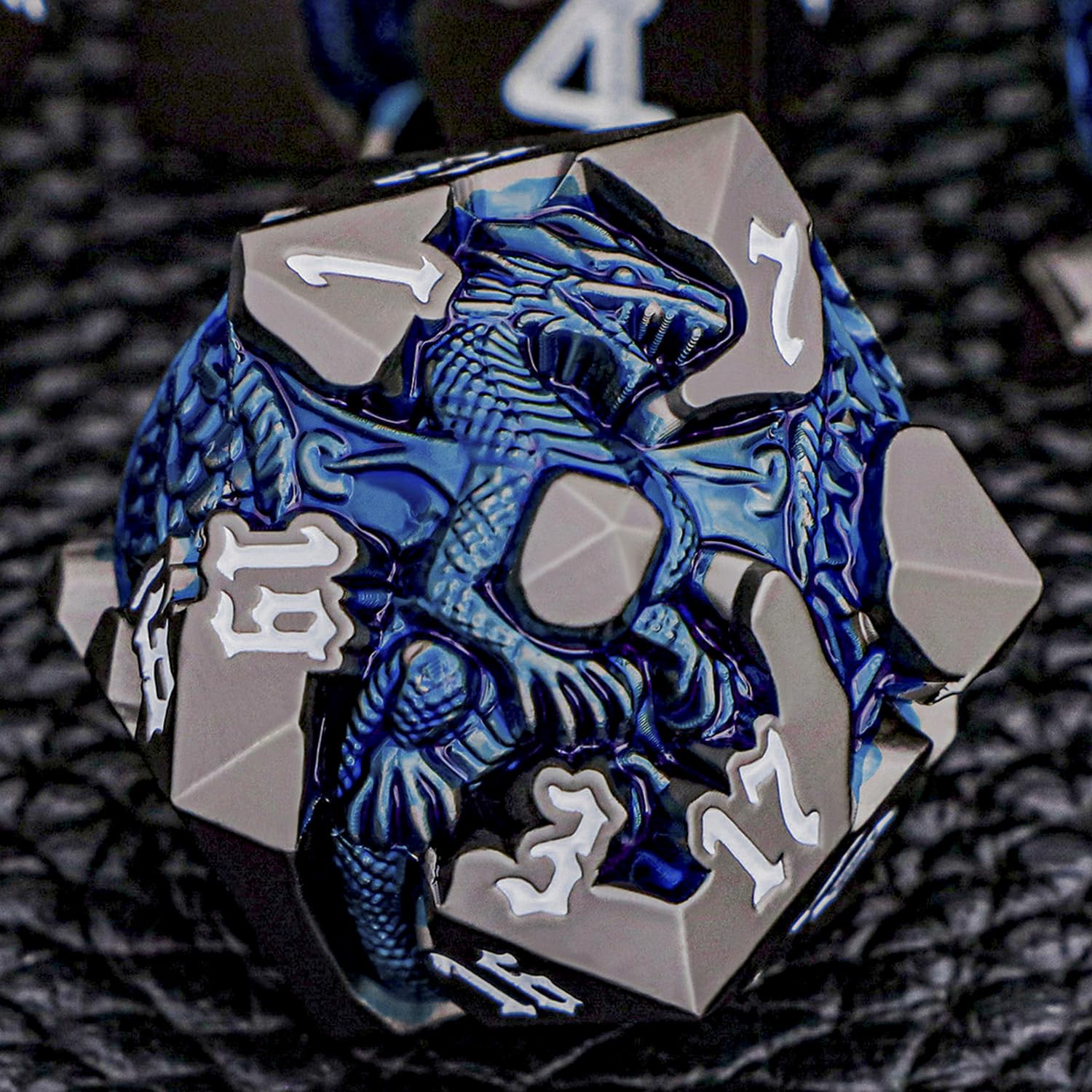 ORIFANTOU 3D Dragons DND Dice Set with Gift Box, Metal D and D Dice for use with D&D Role Playing Game, Dungeons Polyhedral Dice Set D20 D12 D10 D8 D6 D4 (Black Blue)