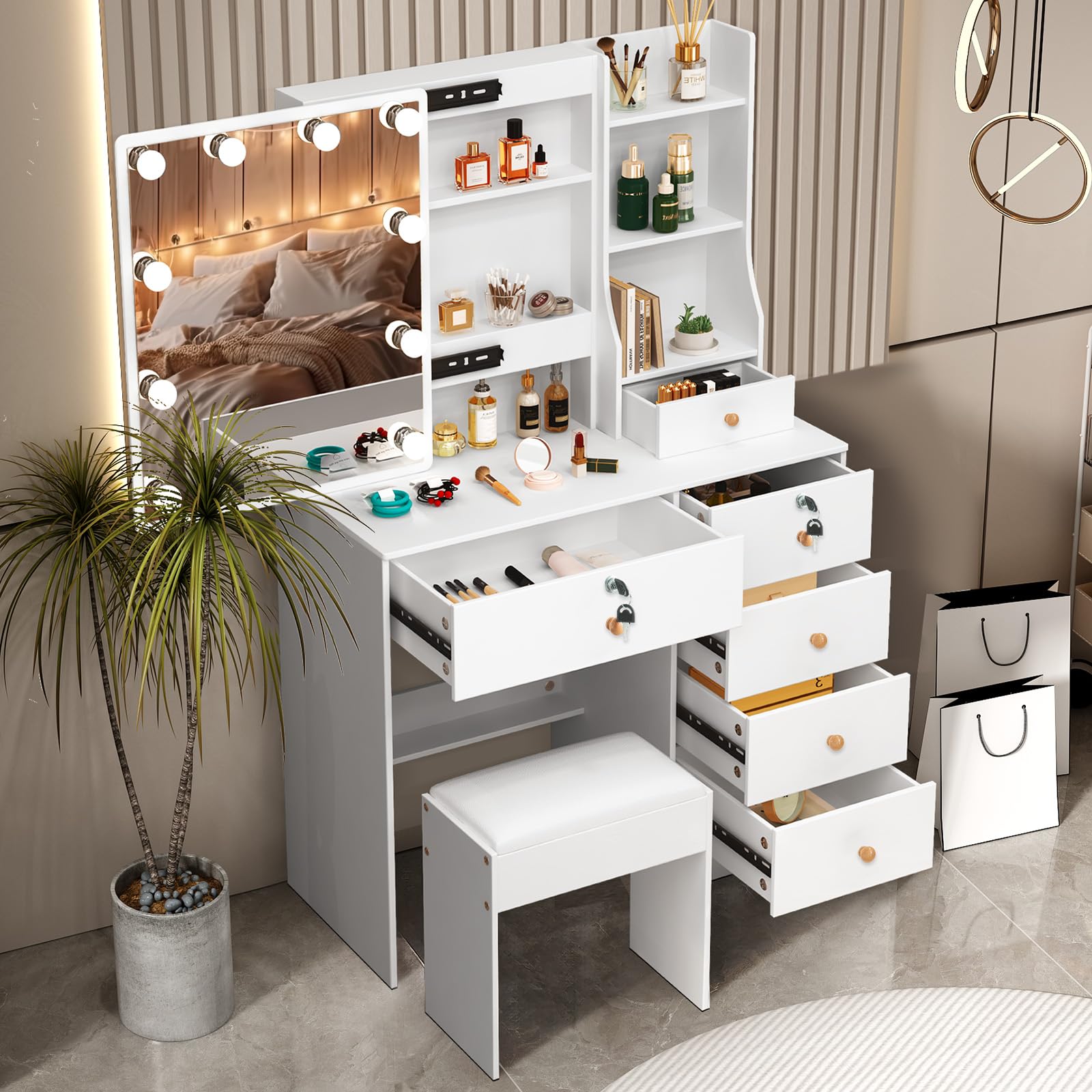 Toeletta Con Specchio E Luci - Mobile Trucco 6 Cassetti Bianco 80x36x131cm - Foto 12