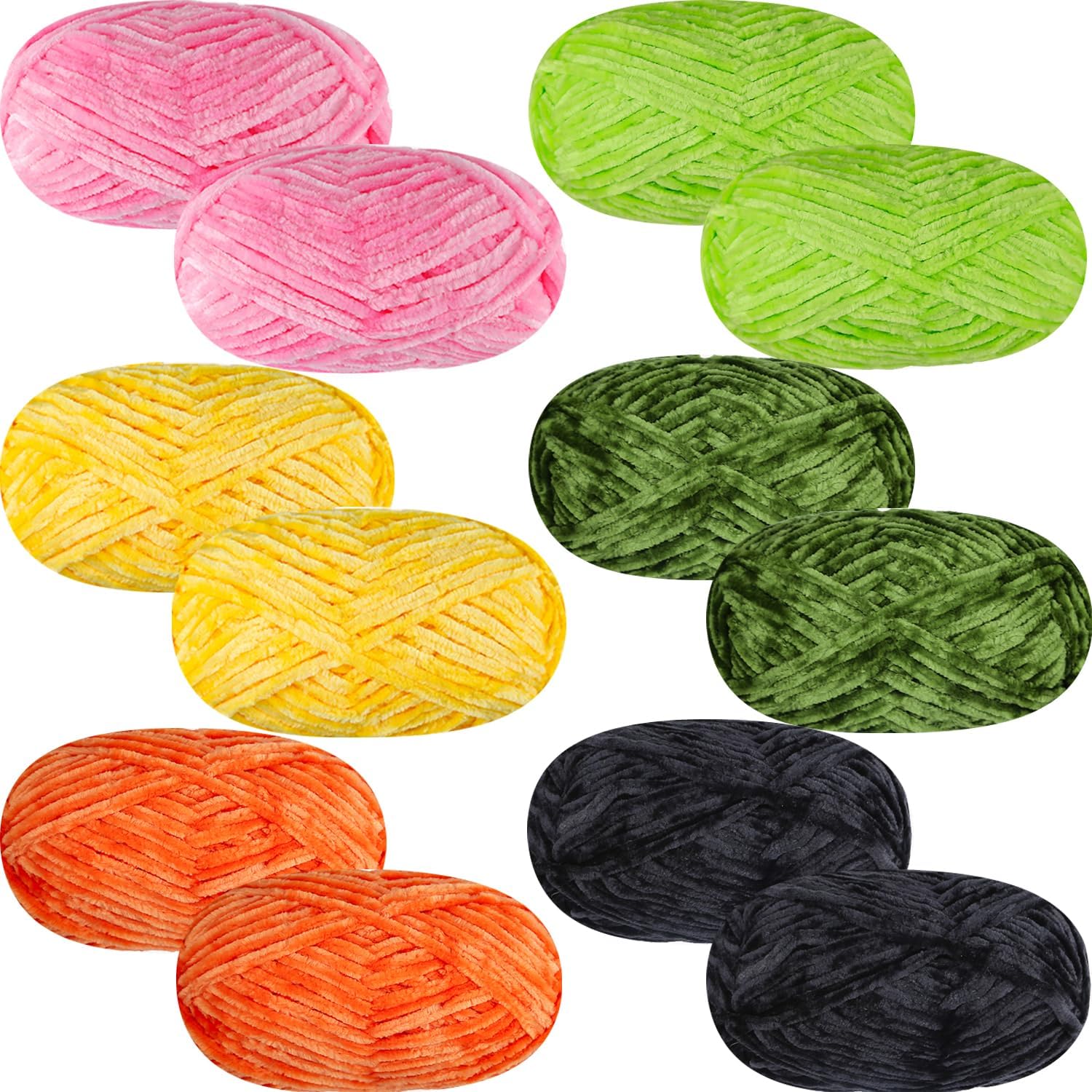 SIMEIQI 12 PCS Soft Chenille Velvet Yarn for Crocheting,Fluffy Warm Yarn for Knitting and Crochet Blanket DIY Craft Amigurumi Pack (Yellow+ Light Green+ Orange+ Green+Black+ Pink)