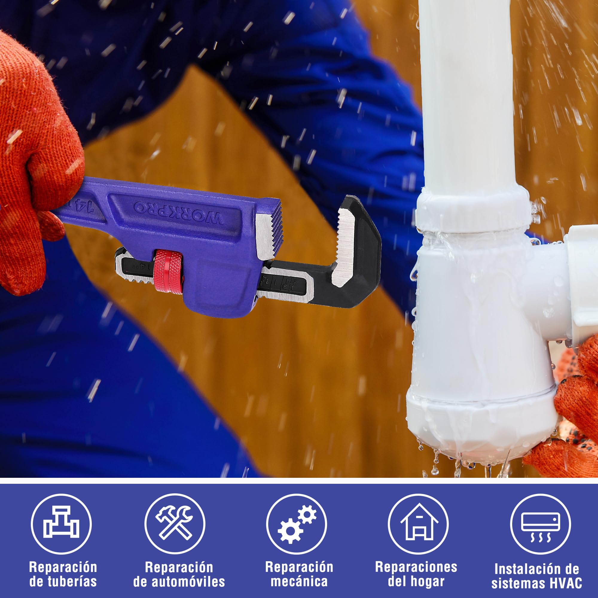 WORKPRO Llave para Tubo, Llave de Garra de Forja Entera de 350 mm, Llave de Tubo Recta, de Alta Resistencia para Reparación de Fontanería