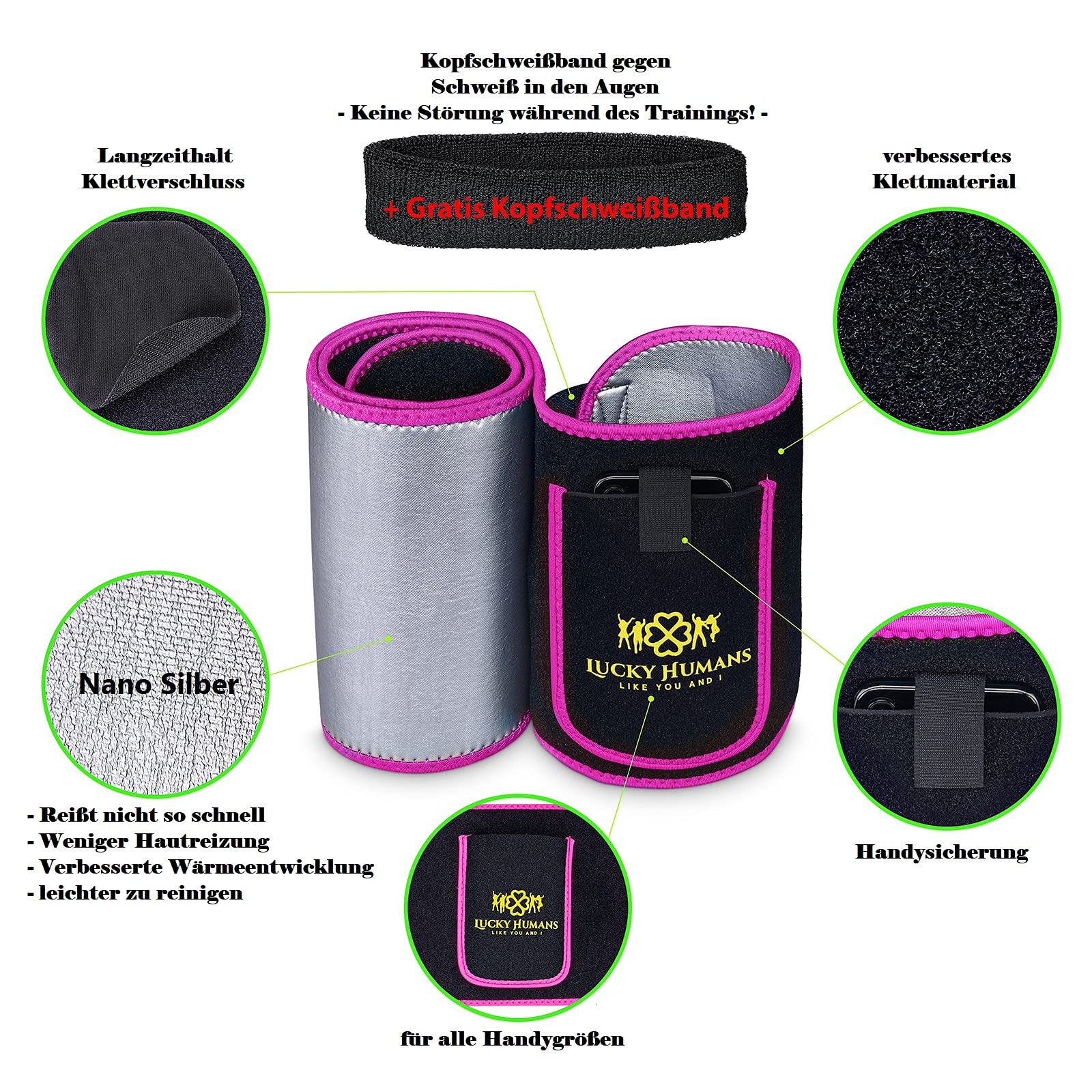 Lucky Humans® Hochwertiger -2021- Bauchweggürtel Herren Damen, Hula Hoop Gürtel, Schwitzgürtel, Bauchgürtel Neopren Nano Silber, Bauch Weg Trainer, Sweat Belt Waisttrainer (Rosa)