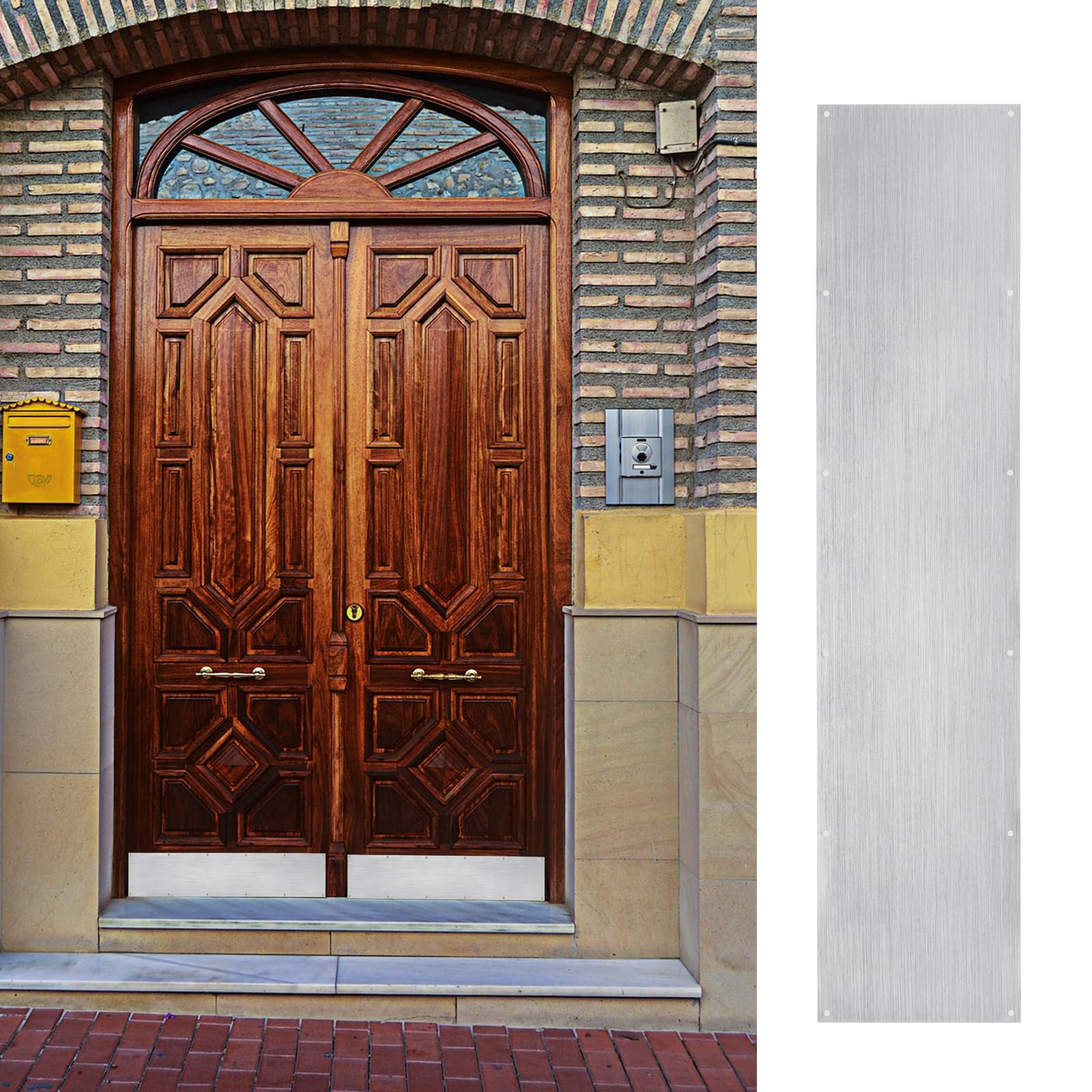 2 placas plateadas para puertas exteriores, adecuadas para placas de puerta de 36 x 8 pulgadas, placas de aluminio con tornillos para puertas interiores y exteriores para evitar que la puerta