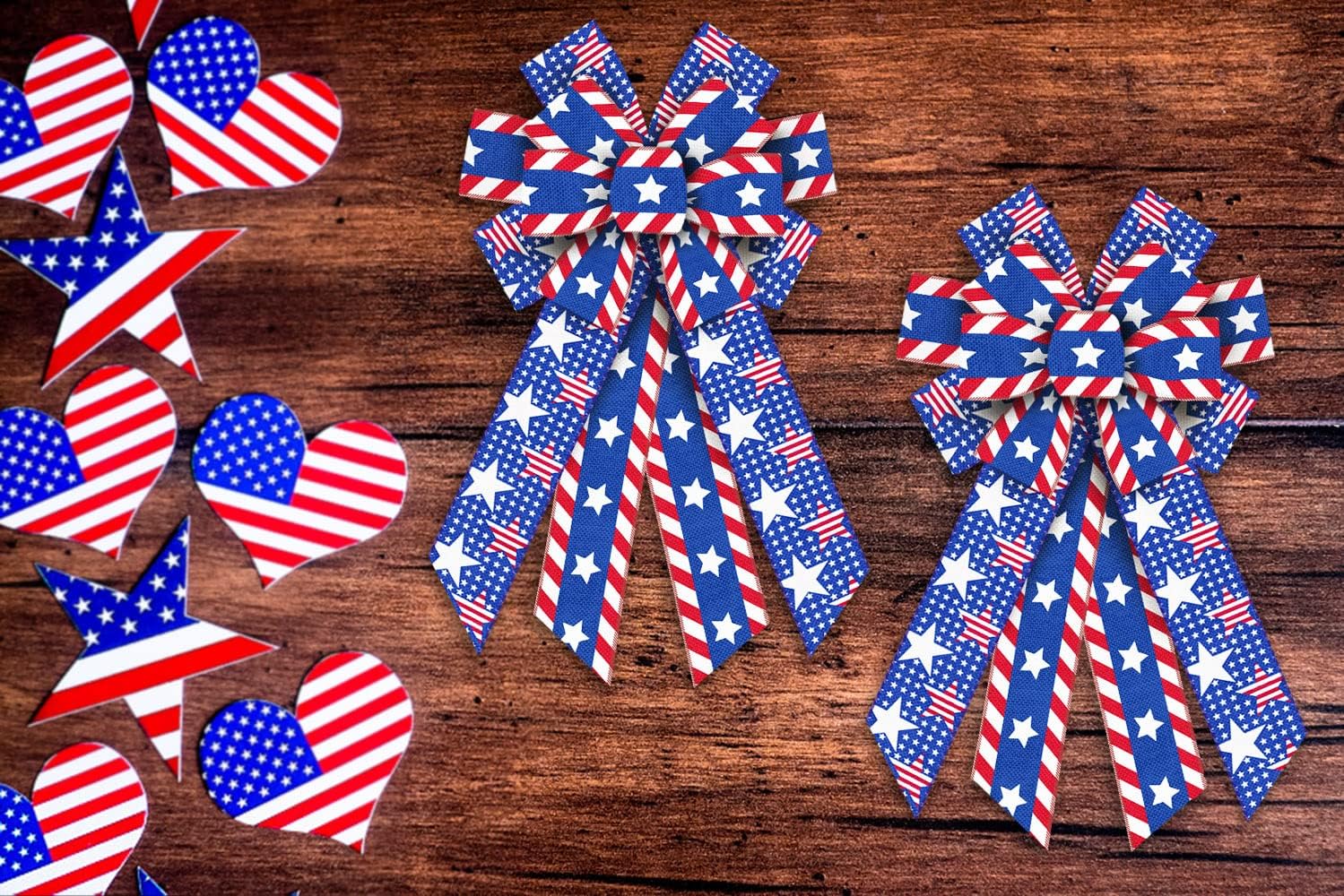 Patriotic Wreath Bow, Red Striped Burlap Ribbon with White Stars for 4th of July Independence Day Memorial Day Veterans Day Front Door Farmhouse Indoor Outdoor Decor