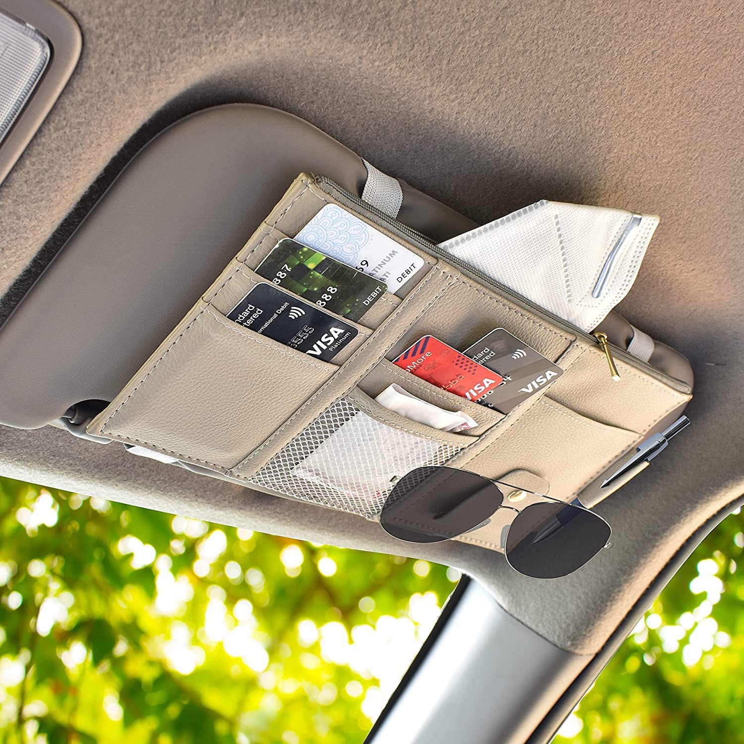 FIZLOZ PU Leather Multi-Function Car Space Sun Visor Organizer Hanging Phone Storage Pouch Holde (Grey) 4