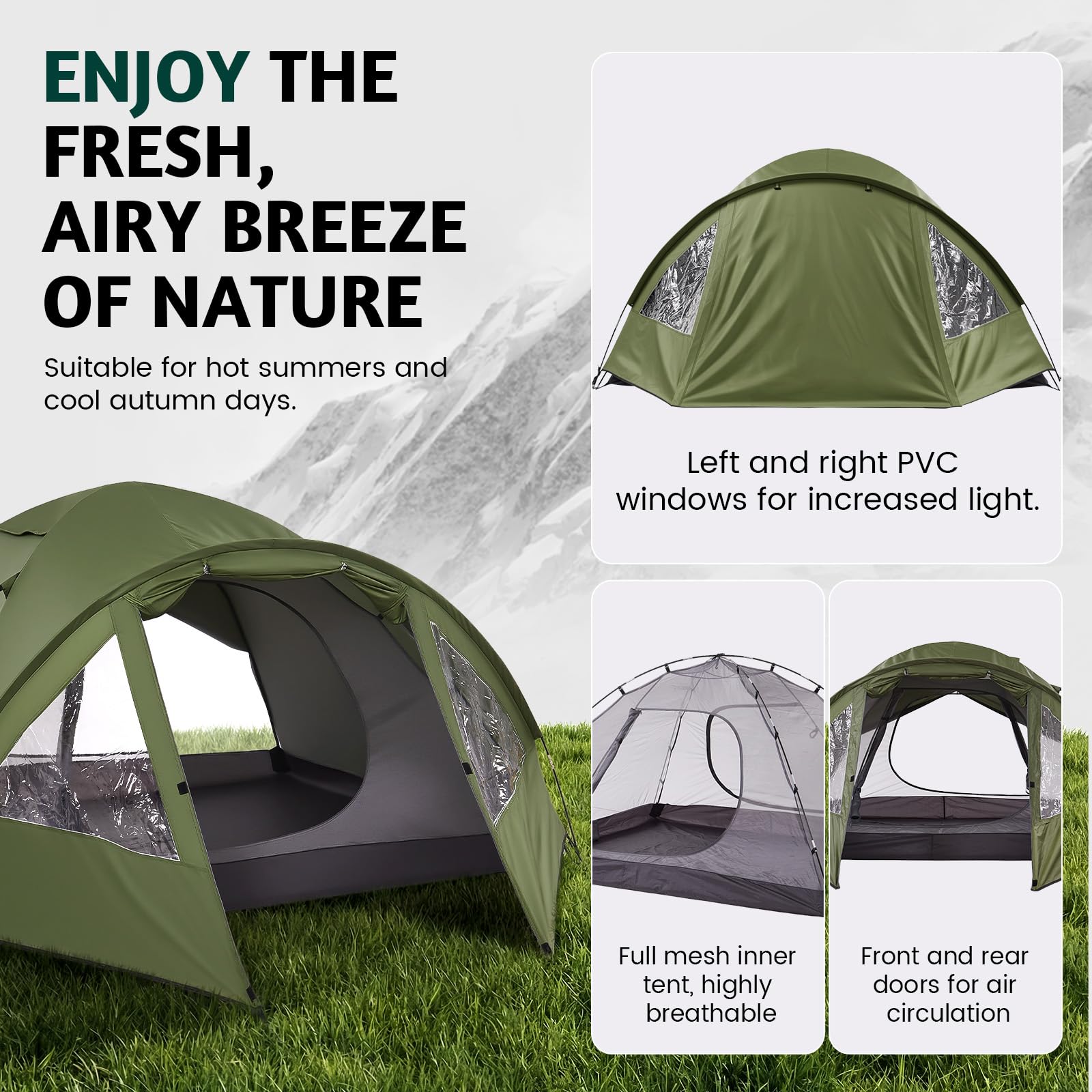 Tienda de campaña con vestíbulo para 4 Personas, 330 x 240 x 130 cm, Tienda Familiar PU4000 Impermeable, protección UV, Ultraligera Doble Capas Tienda Campismo Plegable Familia Cúpula Carpa