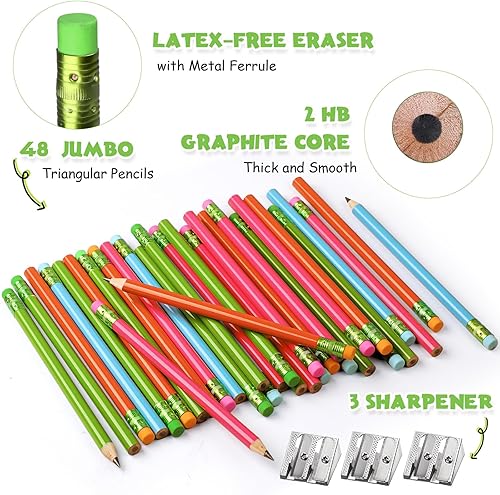 Miniatura 4 de Fainne 48 lápices de grasa jumbo grandes y gruesos y 3 sacapuntas para niños principiantes, preescolares, jardín de infantes, suministros de oficina