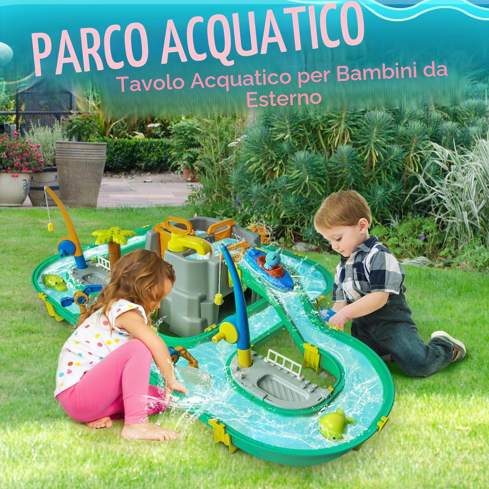 JONRRYIN Tavolo Sabbia e Acqua, Giocattolo Sabbia e Acqua per Bambini, Tavolo d'attività d'Acqua, Tavolo da Gioco per Sabbia e Acqua con 2 Barche per Bambini Gioco Spiaggia (57 PCS)