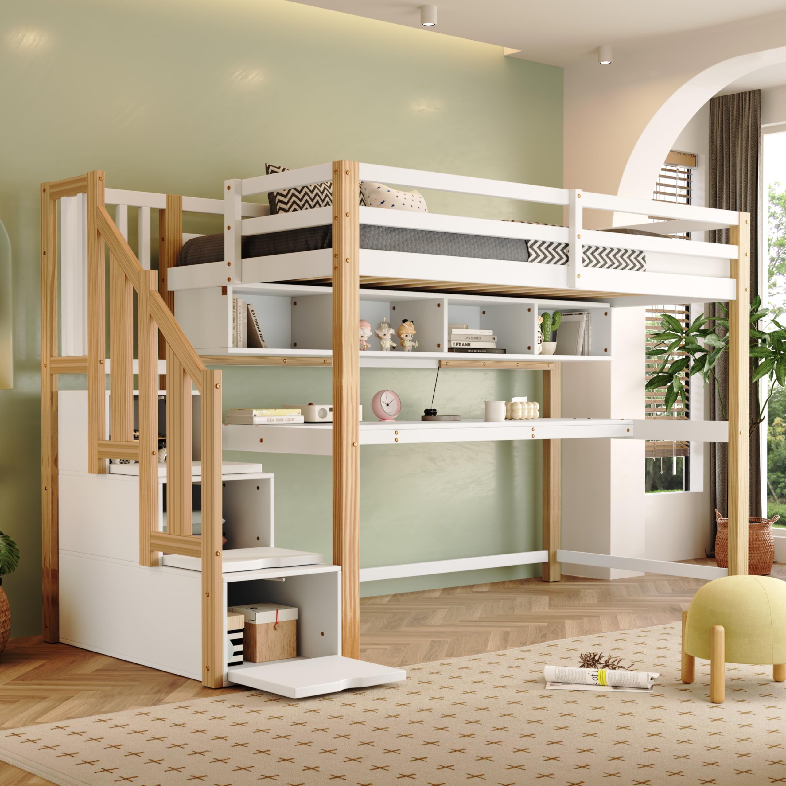 Lit Mezzanine Enfant 90x200 Cm Avec Tableau Noir Et échelle Rangement - Lit Cabane Sécurisé EN747 - Blanc Et Naturel
