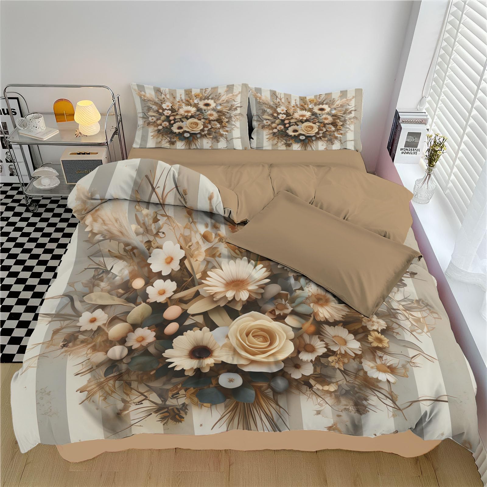 Parure de lit 240x260cm avec housse de couette à rayures bouquet et 2 taies marron beige