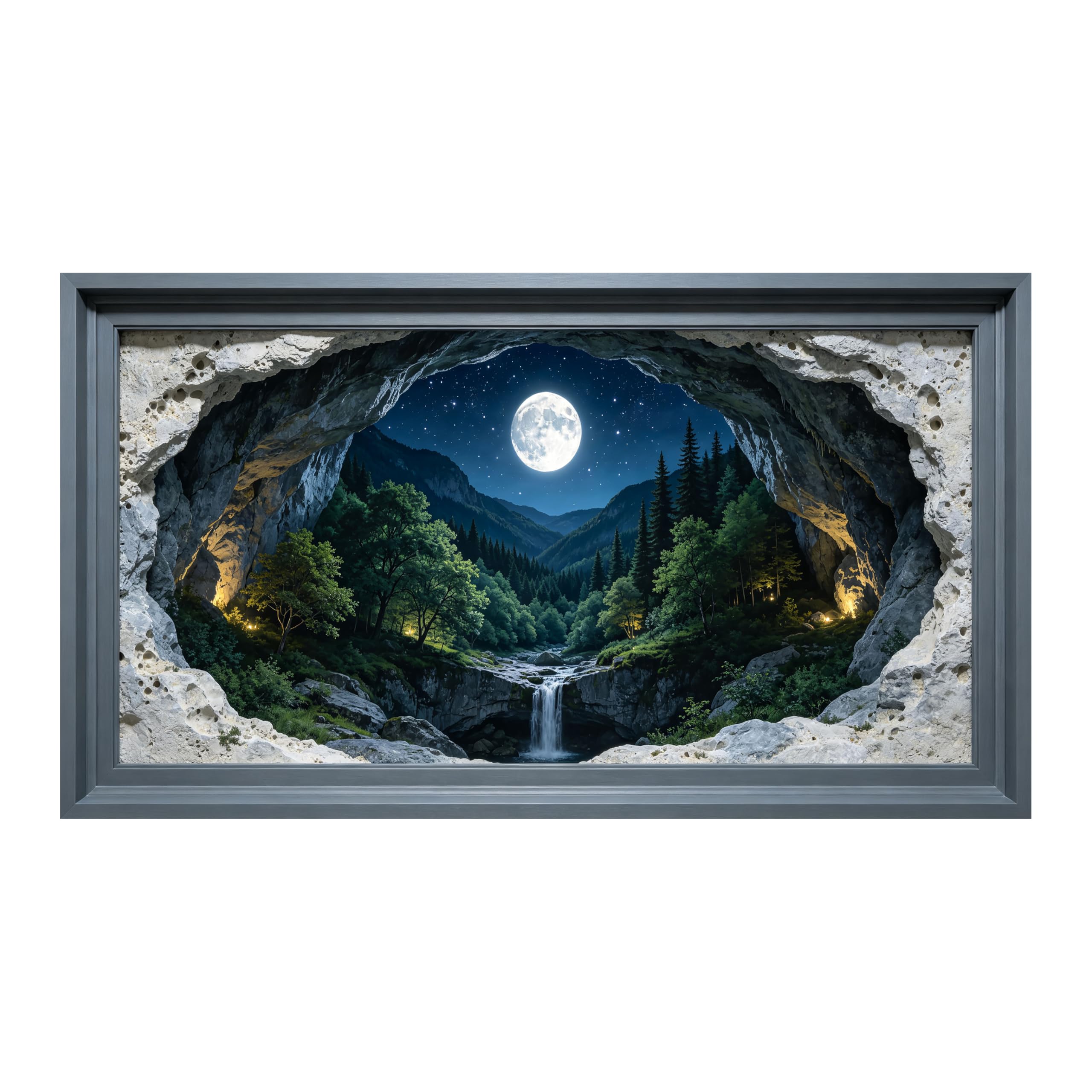 Yzpallescene Art260711159 3D Framed Wall Art Moonlit Cave Waterfall Forest Landscape Large Size Selfadhesive Removable Wall Decor Prints Artwork For Living Room Bedroom Office