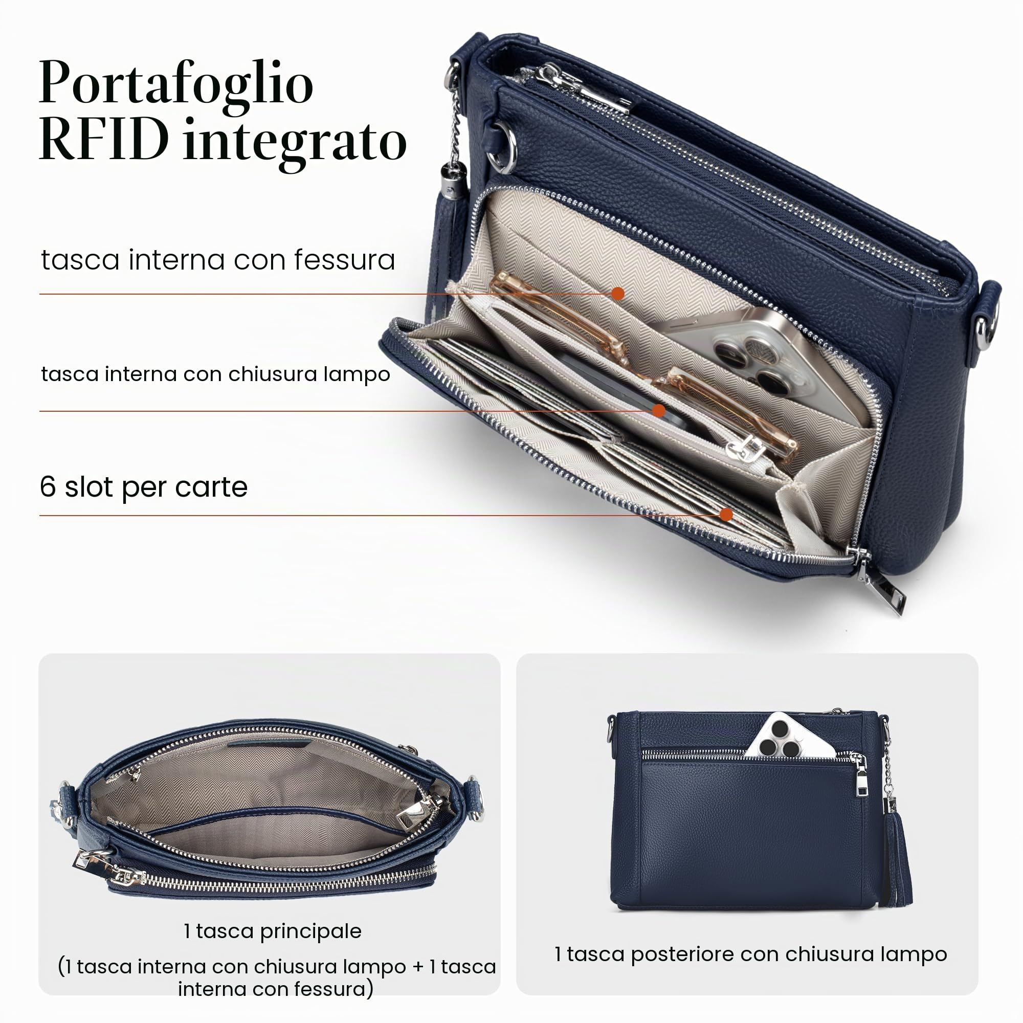 befen Borsa a Tracolla da Donna in Vera Pelle con Antifurto, Blocco RFID Borsa da Donna con Portafoglio Integrato, con Tracolla Regolabile e Staccabile