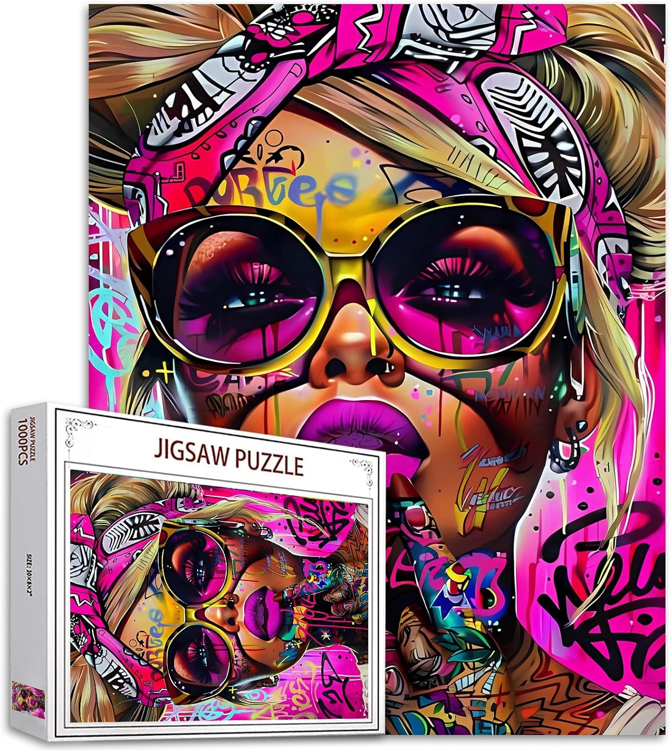 1000 Piece Jigsaw Puzzles for Adults Graffit Africa Girl Painting Jigsaw Puzzle Cool Women Wearing Sunglass Puzzles for Challenging Family Activity Game Fashion Female Art DIY Puzzle Wall Decor Gifts