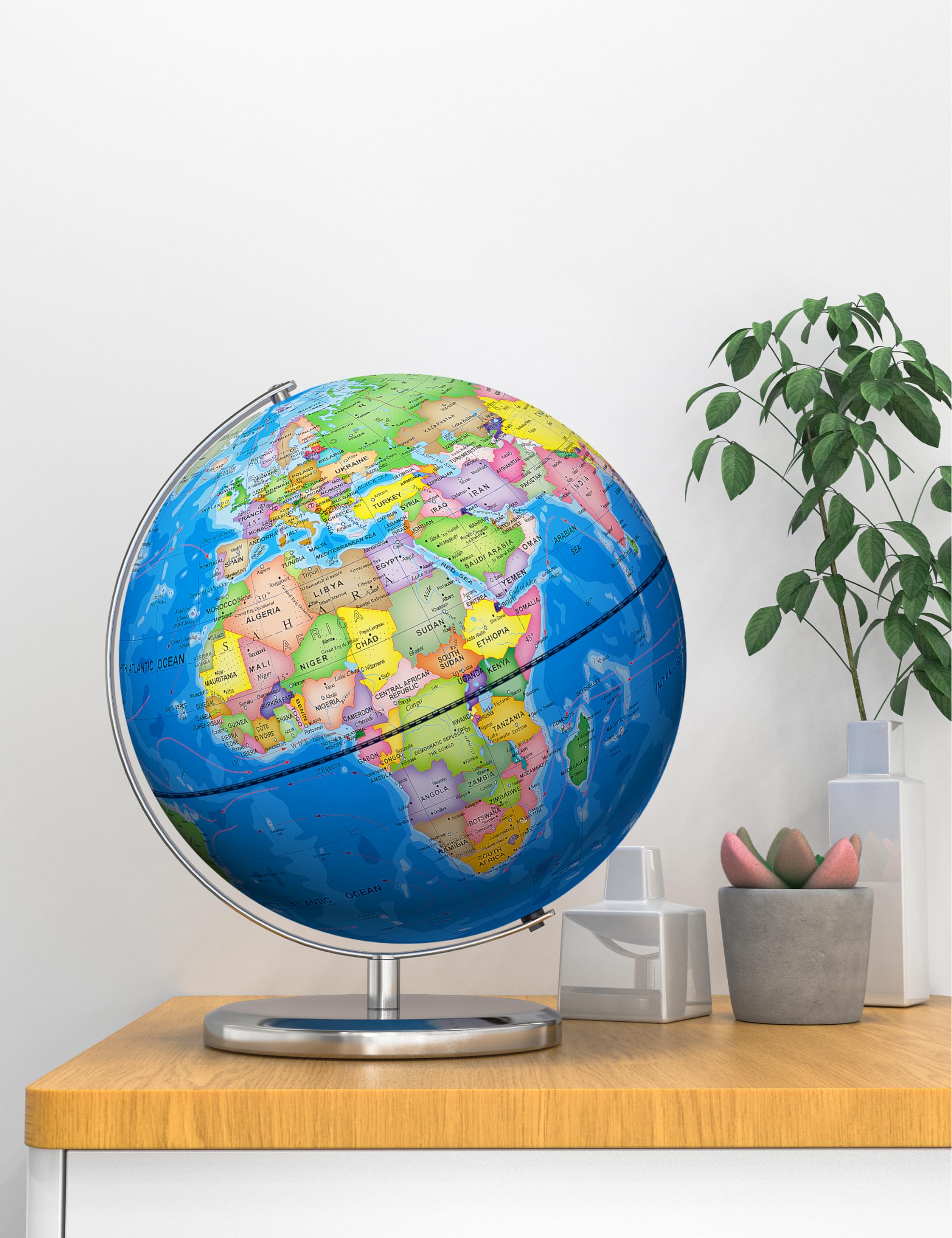 Globo del mundo de 13 pulgadas con base estable de metal pesado, globo educativo para el aprendizaje de los niños, lámpara de globos grandes con detalles coloridos del mapa del mundo HD 7