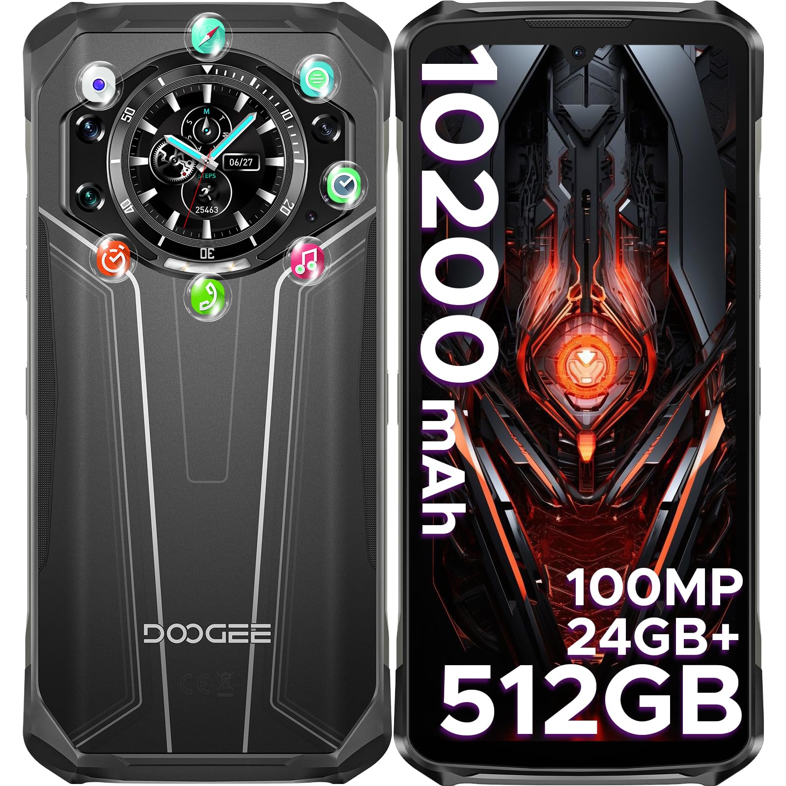 DOOGEE S119 Téléphone Portable Incassable 【2025】 Écran Arrière 1,32'', 24GB+512GB/TF2TB, 10200mAh 33W, 6,72’’ FHD+ IPS, Caméra 100MP, Octa Core Android 14 Smartphone Incassable, /NFC/Face ID/3 Cartes