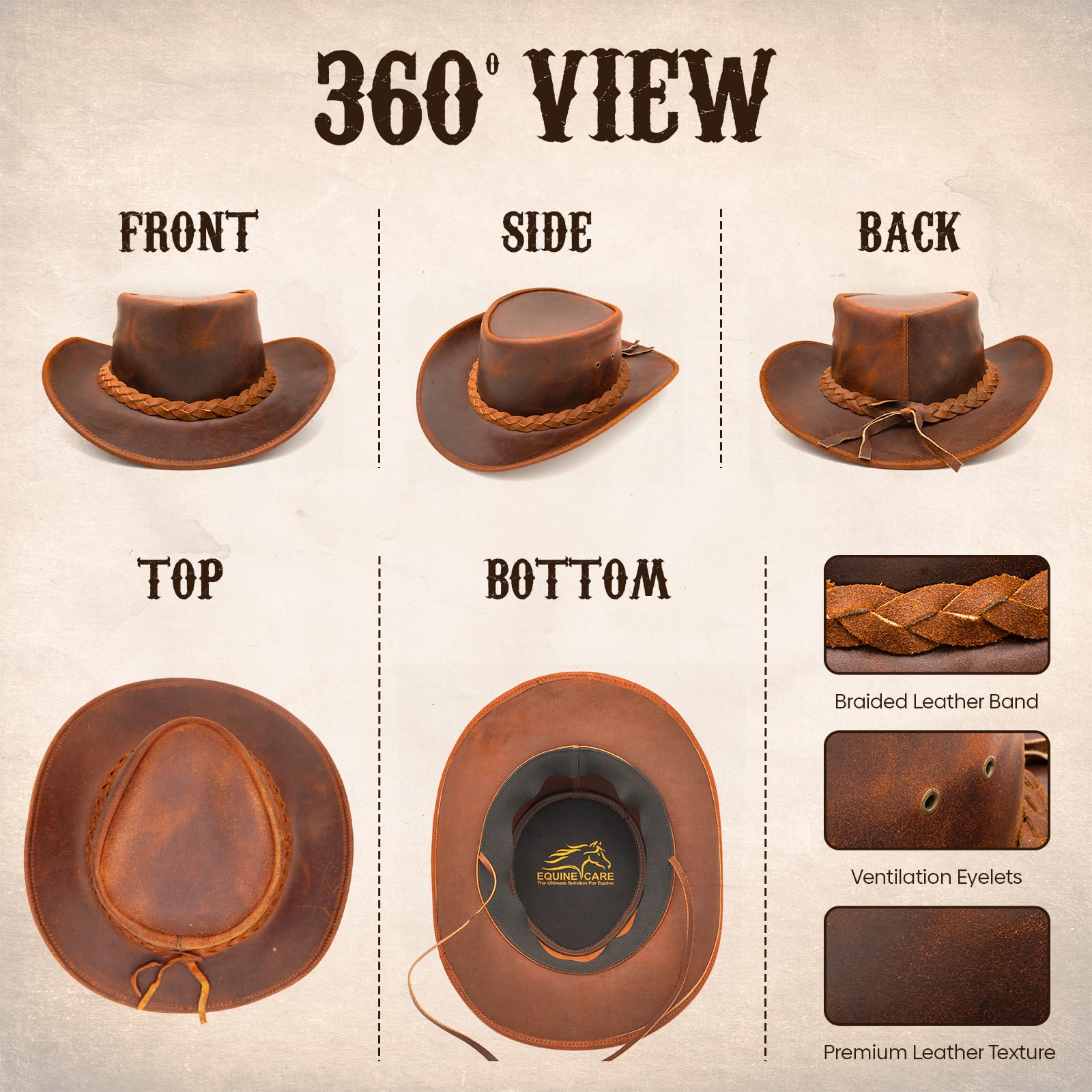 Equine Care Cappello da cowboy Outback in pelle pieno fiore, unisex, con fascia intrecciata e sottogola, stile vintage occidentale per uomini e donne, marrone
