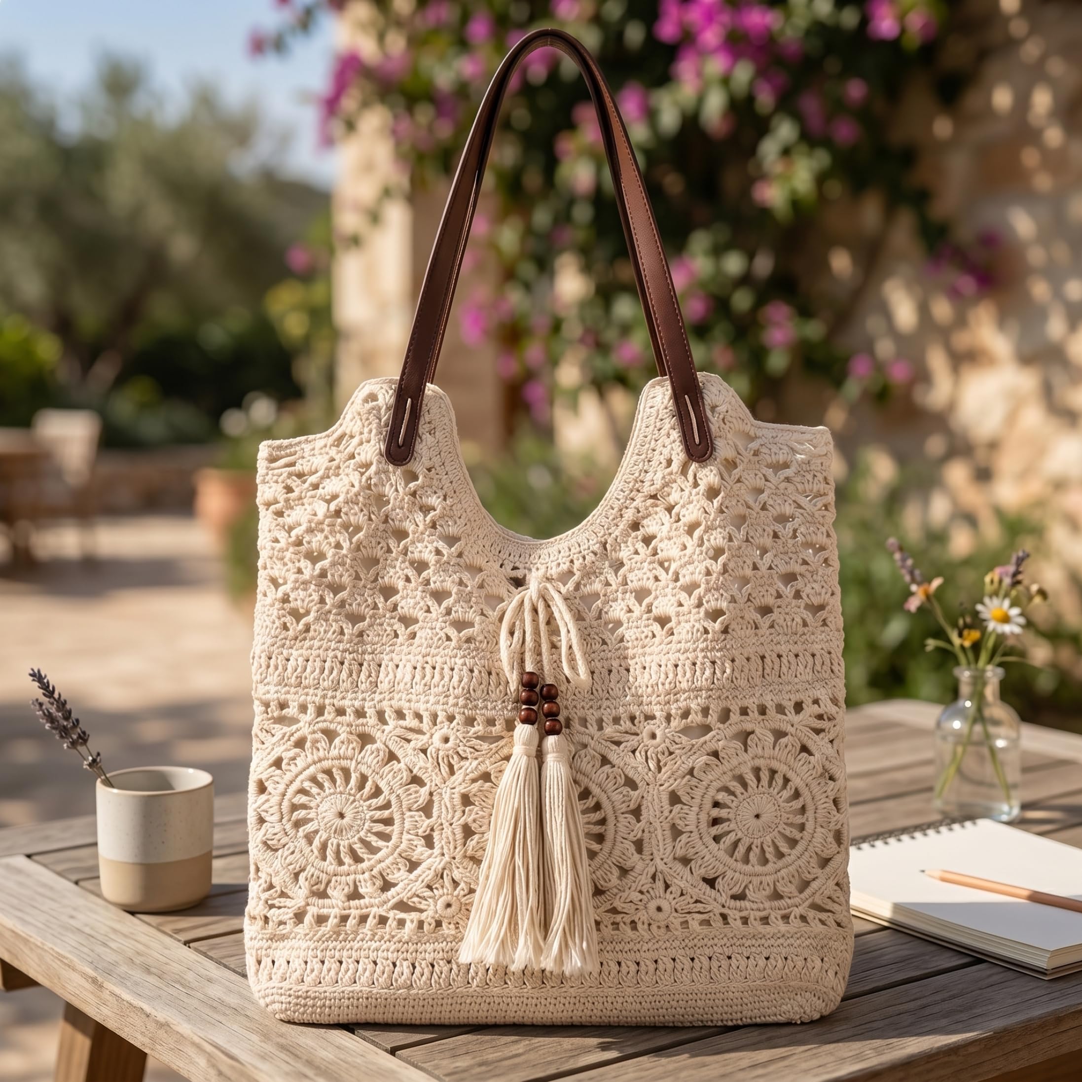 Borsa Tessuta Fatta a Mano all'Uncinetto per Donna, Borsa a Tracolla in Maglia scavata con Nappa, Tessuta in Corda di Cotone, Boho da Spiaggia Estiva
