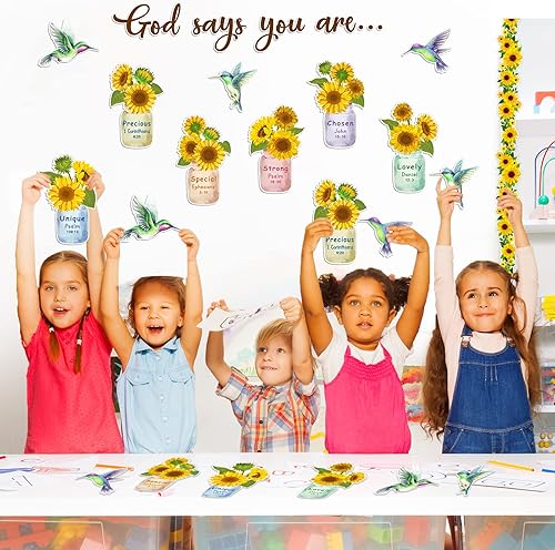 Miniatura 4 de Outus 68 Pcs Sunflower Cutouts Spring Bulletin Board Decoration Classroom Wall Decor Spring God Says You are Hummingbird Inspirational Flower Jar