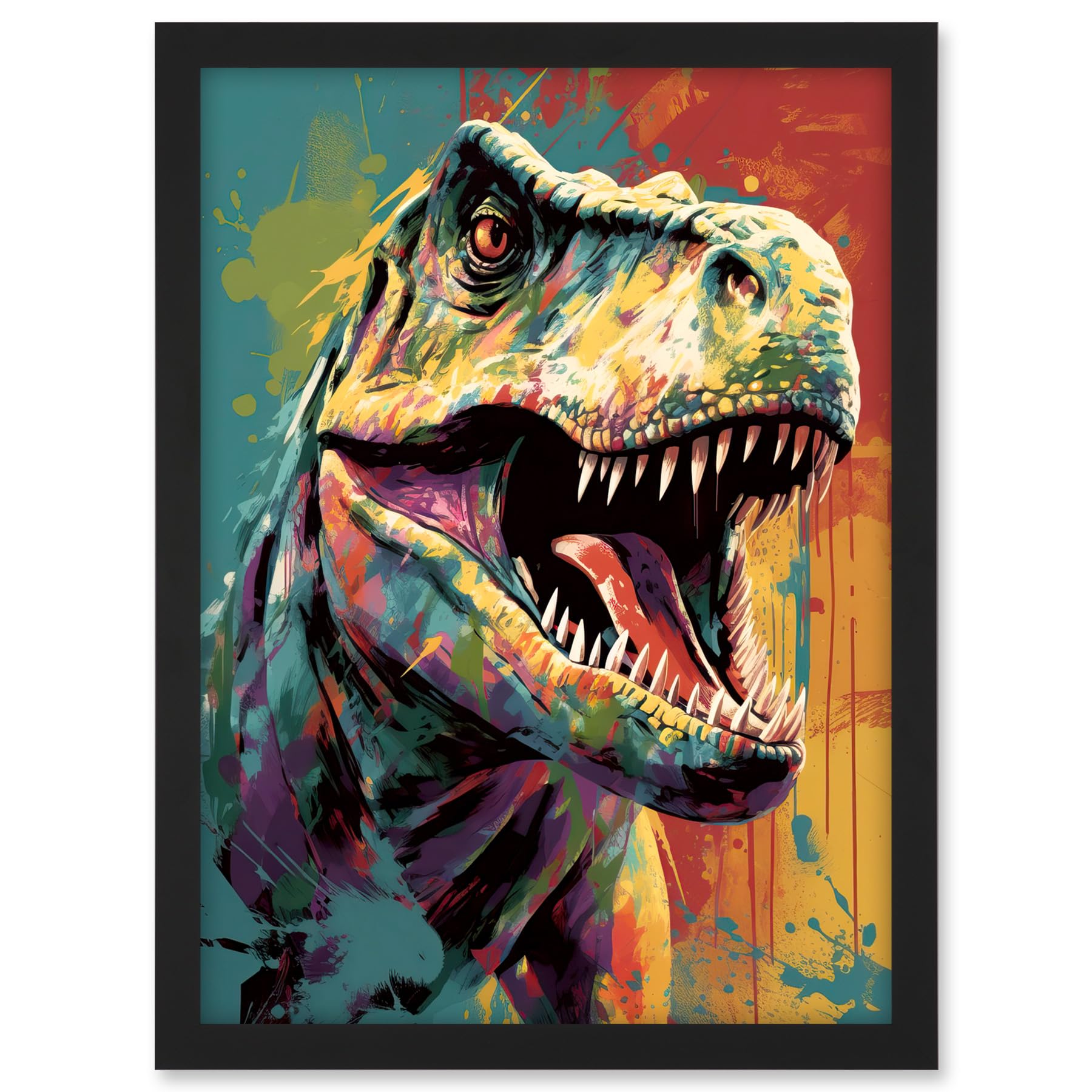 Artery8 Roaring T-Rex Multicoloured Dinosaur Portrait Artwork Framed A3 Wall Art Print