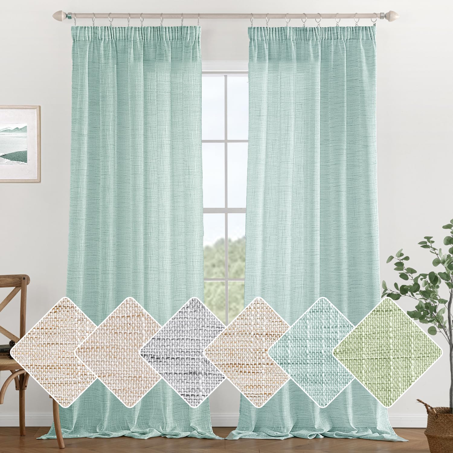 MIULEE Cortinas Salon Lino Visillo Dormitorio Translucidas Transparente Puro para Ventana Sala Cruzada Visillo Cortina 2 Piezas 140x260 cm Azul