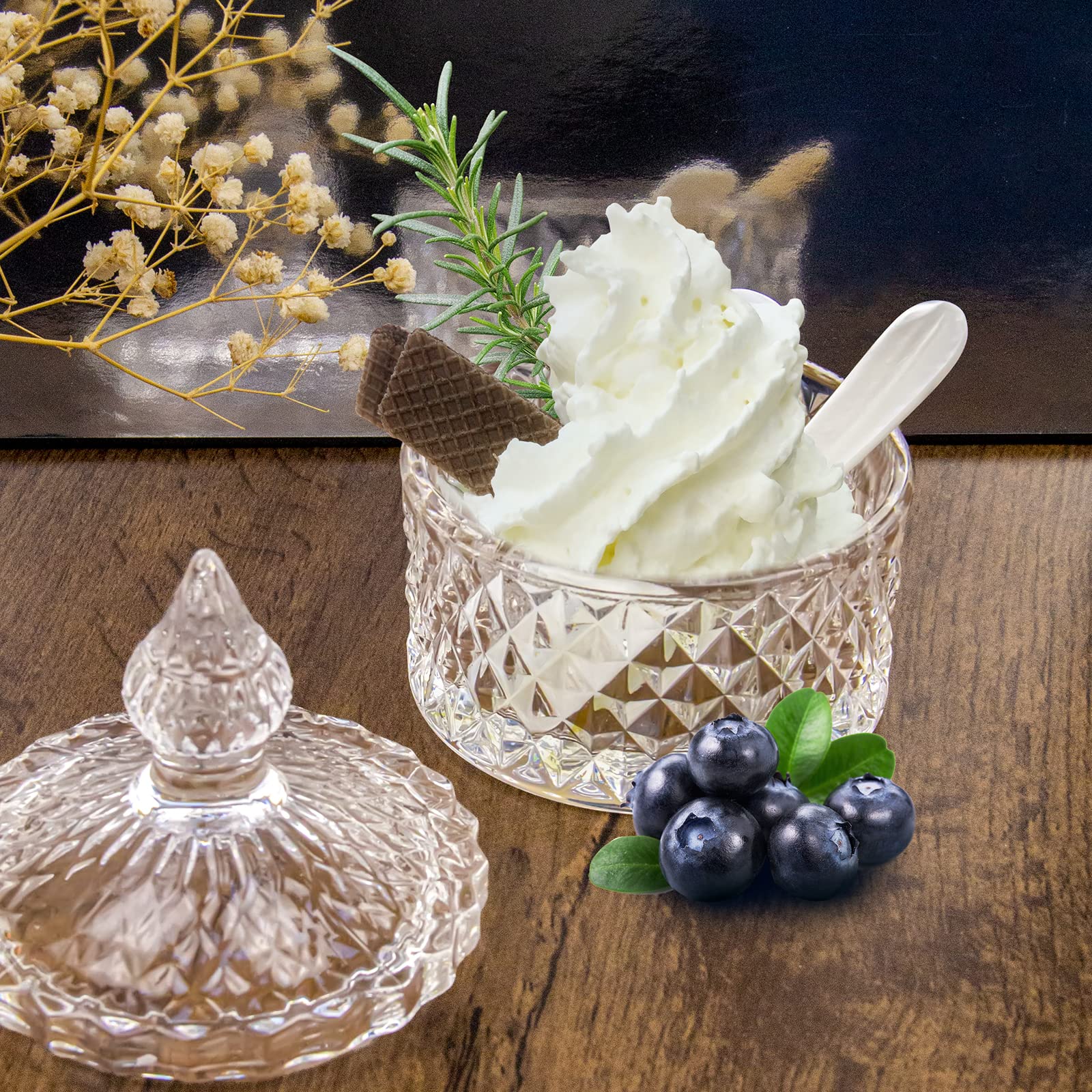 DUEBEL Dublin Ensemble refroidisseur de caviar en verre avec 2 cuillères en nacre de 8,9 cm – Idéal pour la cuisine, la restauration et le restaurant
