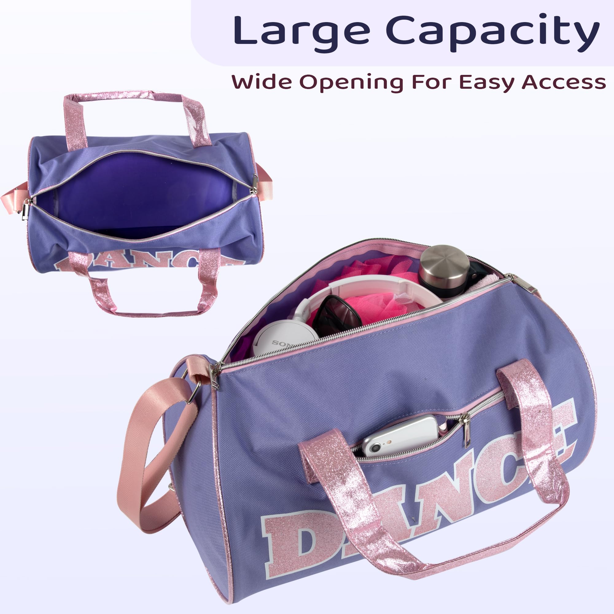 Bolsas de lona de baile para bailarines, niñas, adolescentes y atletas estudiantes, bolsa de lona divertida para entrenamiento de baile para niñas y niños, Púrpura/Rosado, Bolsas de equipaje 3