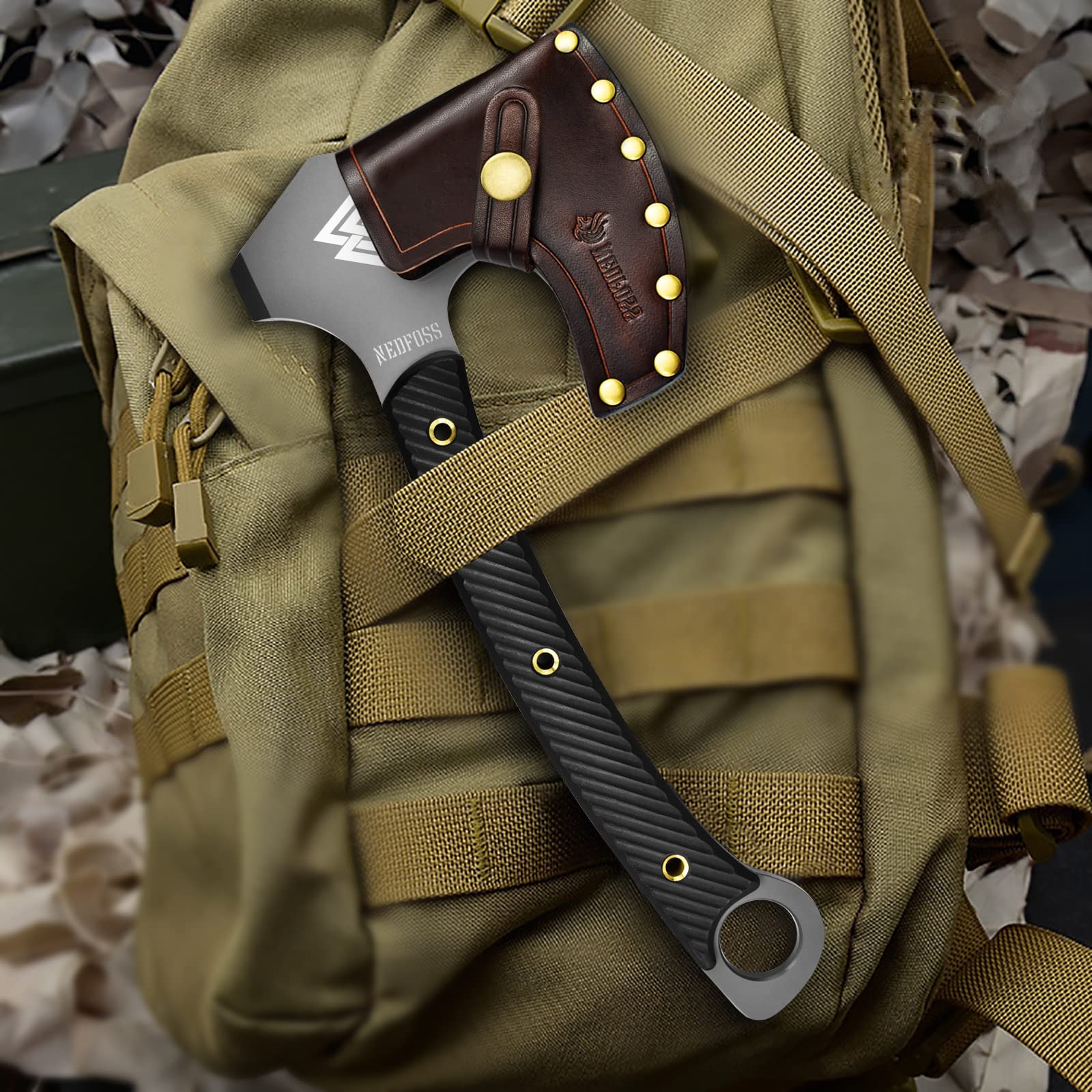 NedFoss Hacha de supervivencia Viking de 31,5 cm con mango G10 y hoja de acero de alto carbono con funda de piel auténtica