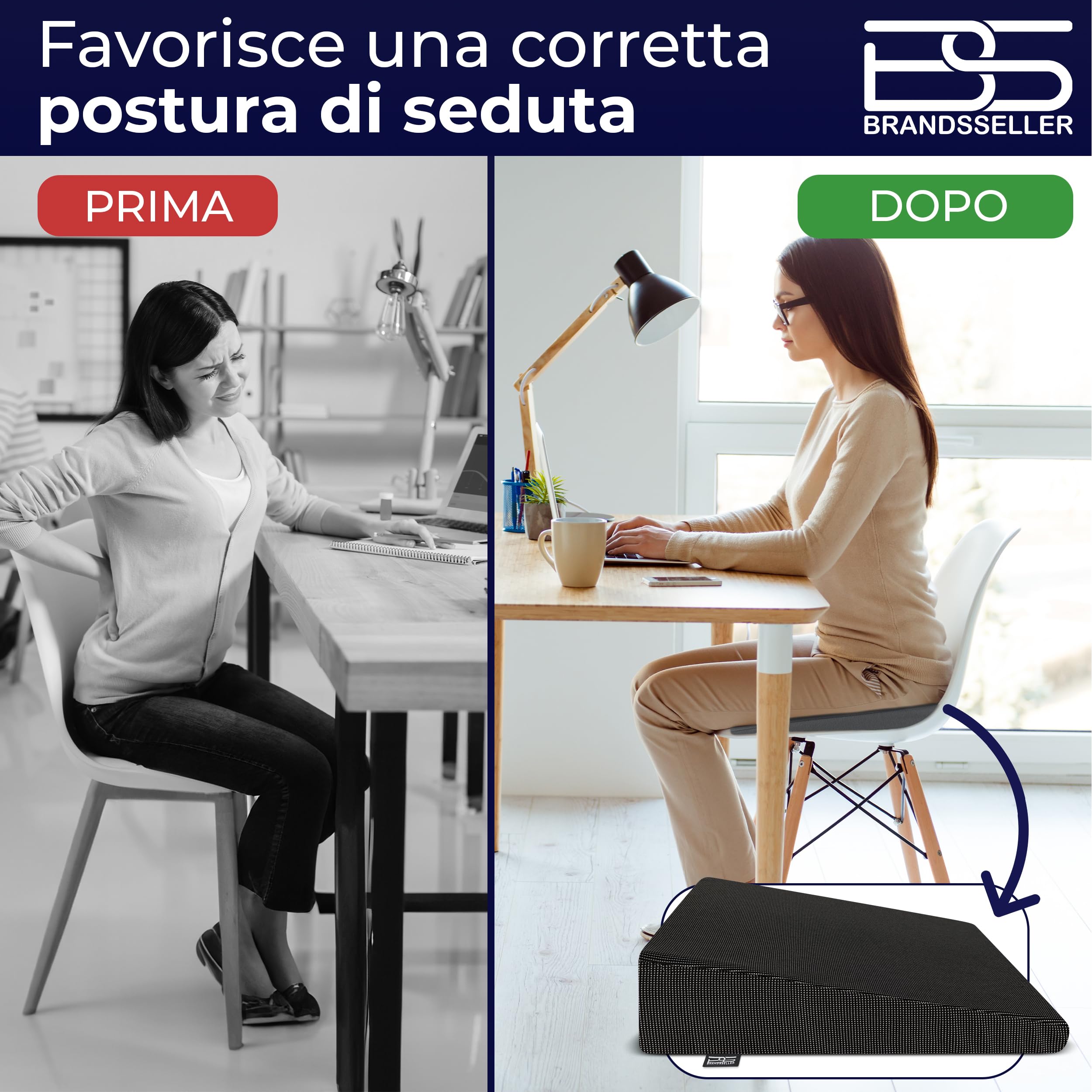 Cuscino a Cuneo 38x38x8/2 cm per Sedia, Ufficio e Auto, Cuscino Ergonomico per Seduta Corretta, Supporto per Schiena, Nero