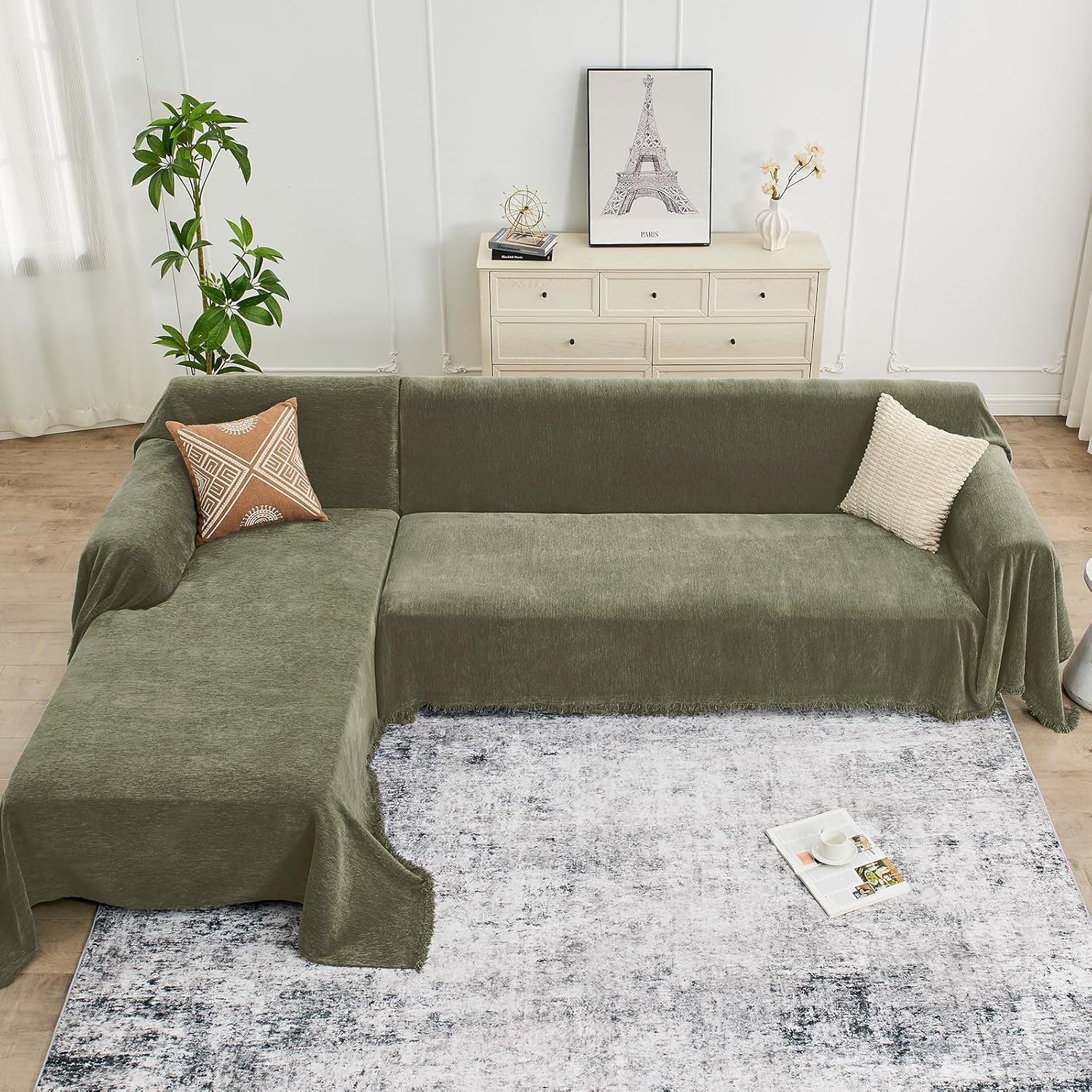 Sectional Couch Covers, 2 Pieces Chenille Sofa Cover L Shaped Couch Cover Blanket for Dogs Washable Sofa Slipcovers Pet Furniture Protector (X-Large: 71" x 110" + 71" x 118", Sage Green)