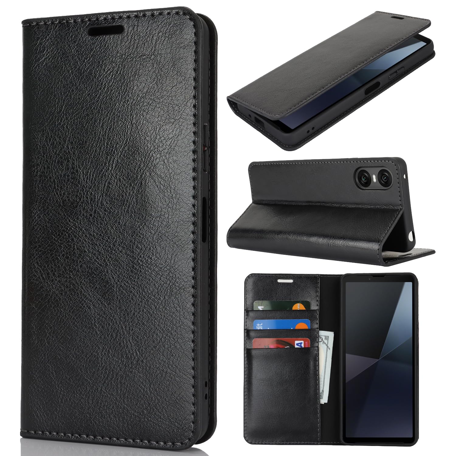 Pelanty For Xperia 10 VI ケース手帳型 SO-52E SOG14 XQ-ES44 携帯カバー 手作り 本革レザー 財布型カバー カード収納 スタンド機能 耐衝撃 マグネット無し 開閉ベルト無し ソニー エクスペリア10vi 第6世代 スマホケース【ブラック】