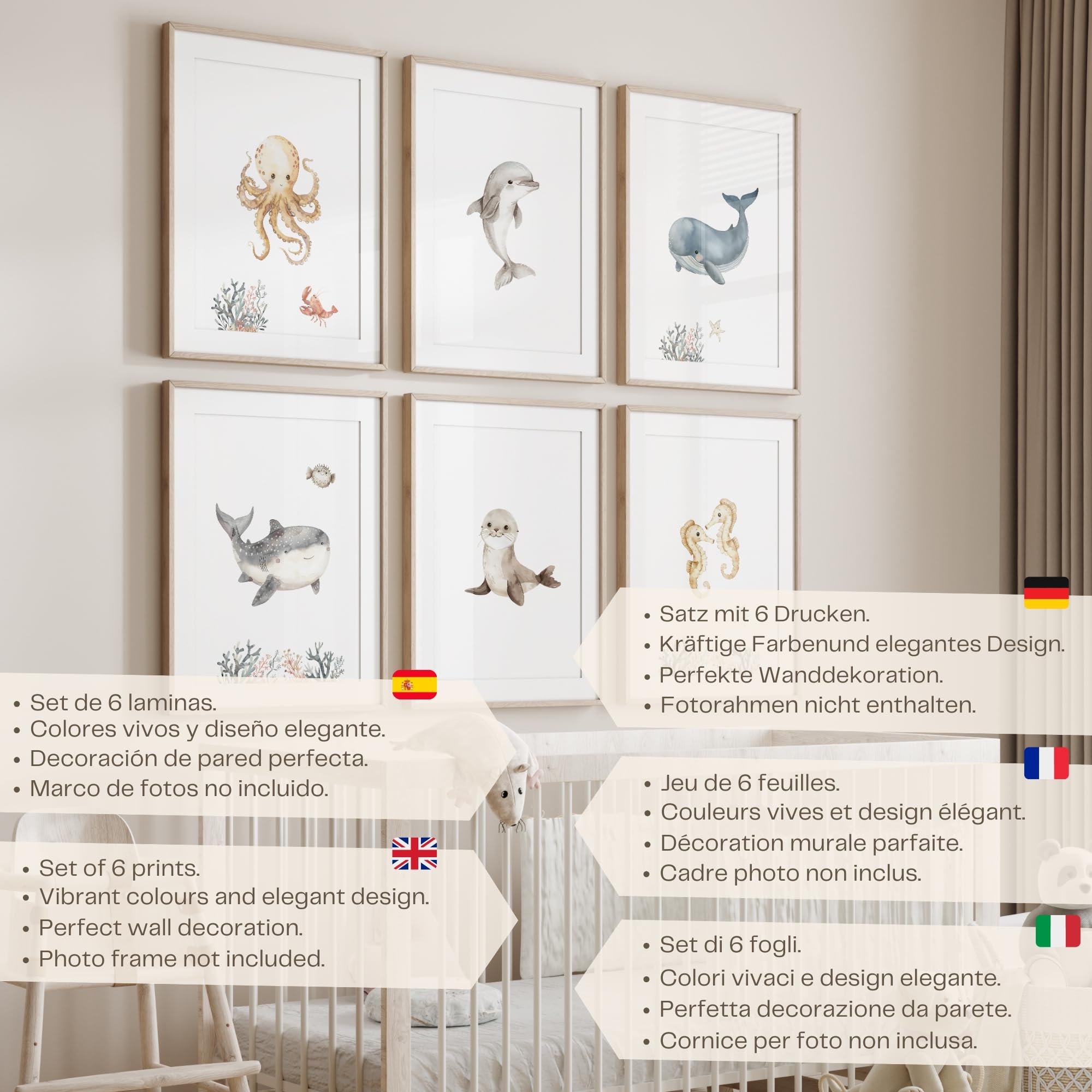 ayurvana Set de 6 Láminas Infantiles Animales del Bosque A4 – Cuadros Bebé Estilo Nórdico Acuarela – Decoración Habitación – Pósters Recién Nacido Sin Marco – Regalo Baby Shower (MARPACK6)
