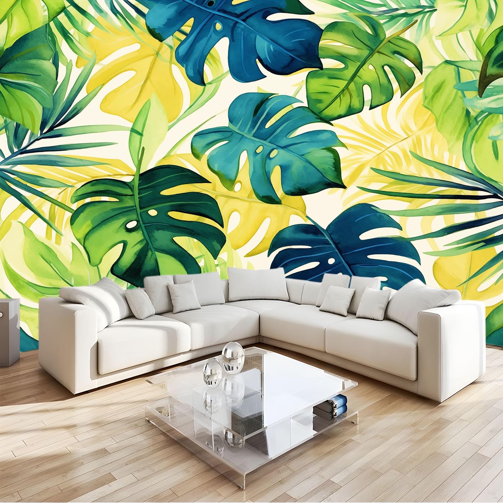 3D Panoramic Wallpaper Mural Tropical Palm Leaves 3D Wall Sticker Poster, Green Wallpaper Mural Photo W400 X H280 Cm for Living Room Kids Bedroom Sofa Backdrop Wall Decoration