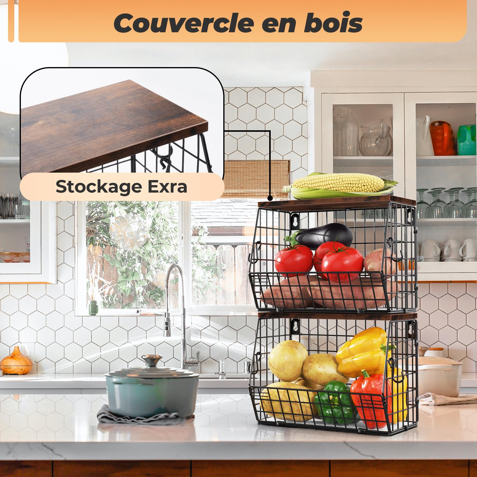Wawocs 2 Panier a Fruit, Panier Corbeille a Fruit Murale pour la Cuisine, Panier Rangement de Fruits et Legumes 4 Crochets pour Fruit Basket, Corbeille en Métal pour Ranger les Fruits et les Légumes