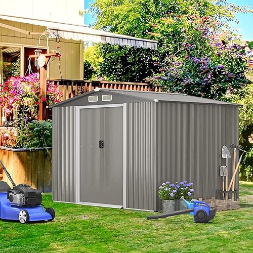 Goplus Cobertizo de almacenamiento para exteriores de 8.5 x 6.8 x 6 pies, resistente a la intemperie con base, 4 rejillas de ventilación, puertas