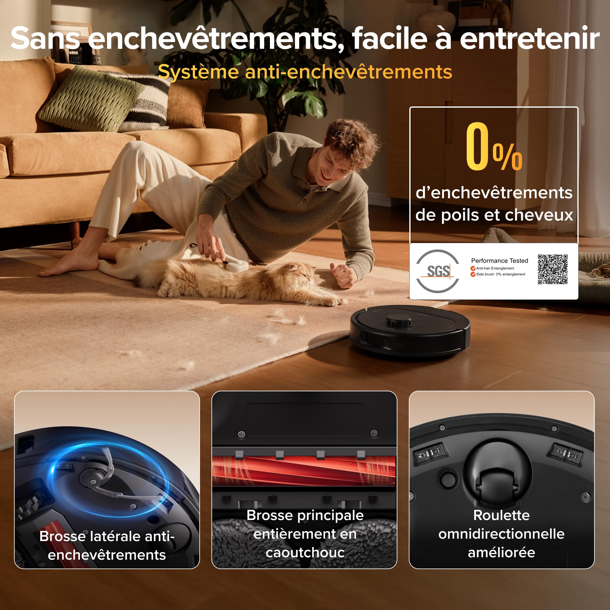 roborock Qrevo S Pro Robot Aspirateur Laveur, 18 500 Pa, 45 °C Séchage à l’air Chaud, 75 °C Autonettoyant à Haute Température, Évitement d'obstacles et Navigation Intelligente, Anti-enchevêtrements