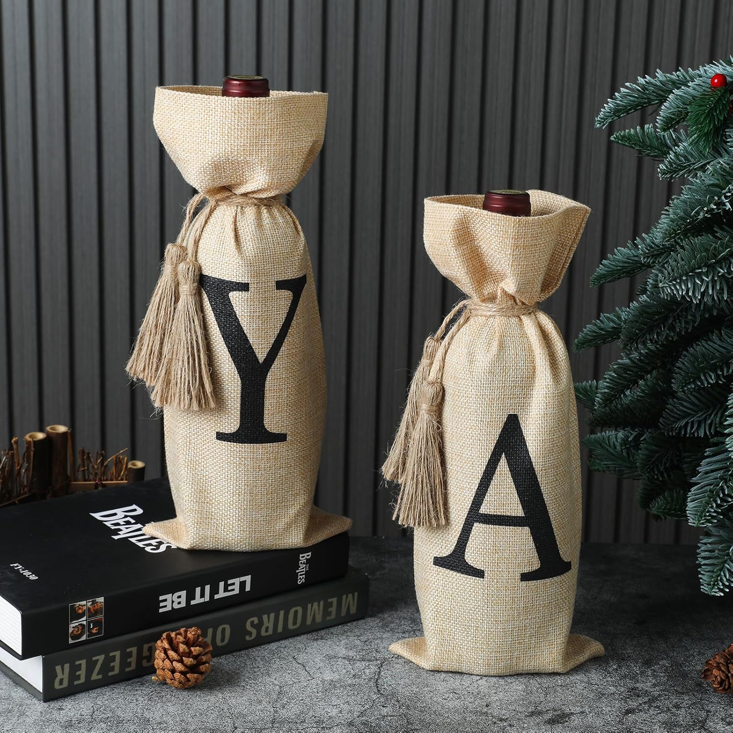 TWSANTAMAS 2 PCS Burlap Wine Bag, Monogram initial Wine Bottle Gift Bags with Tassels, Bottle Cover Holiday Party Decor Letter K - Image 5