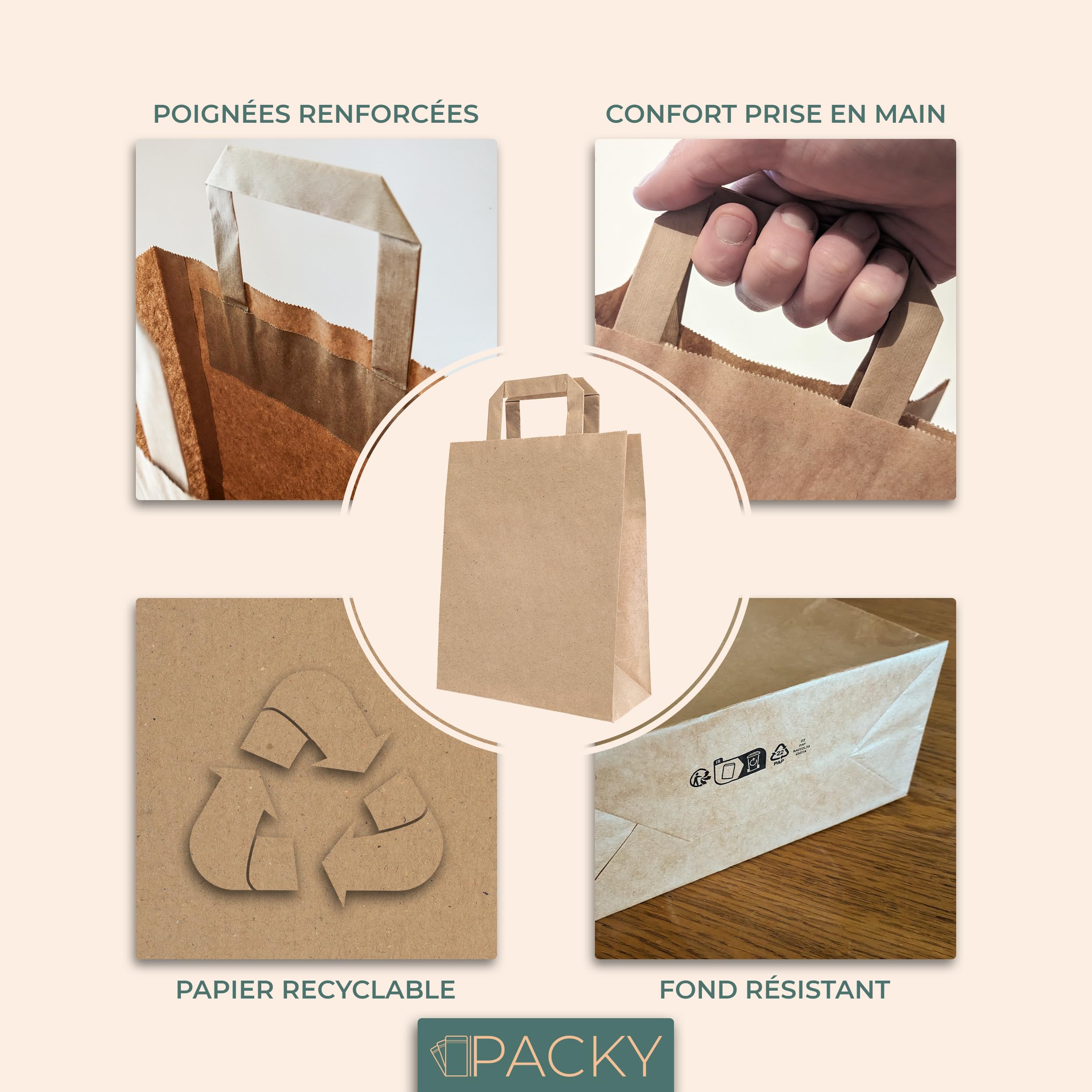 PACKY - Sac Papier Kraft 26x35x12 Cm - 50 Pièces - Sac Kraft Avec Poignée | Large choix