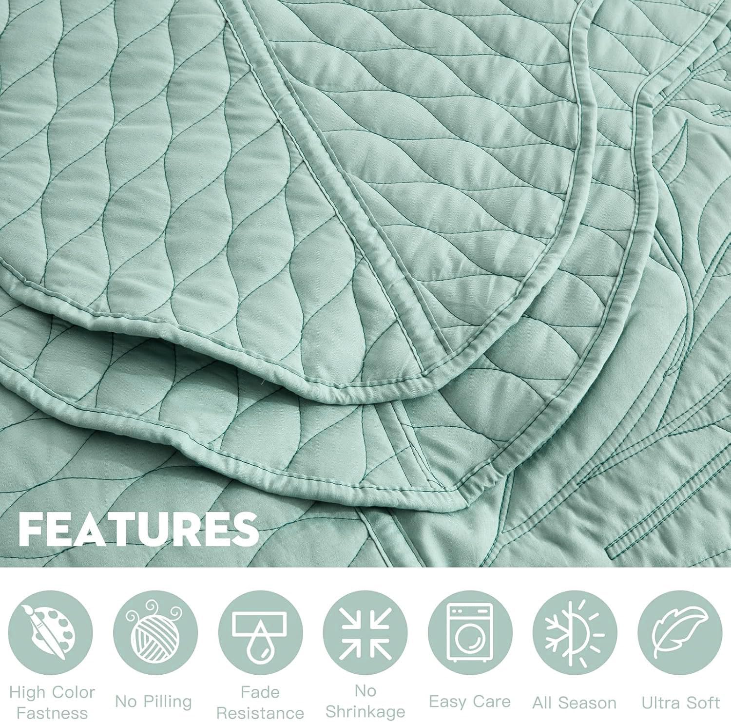 DaisyHuang Botanical Oversized Bedspread Queen Size - Leaves Pattern Stitching Quilt Set - Elegant & Fresh Style Bedding Coverlets, Reversible, Lightweight, 5 Piece, Seaglass