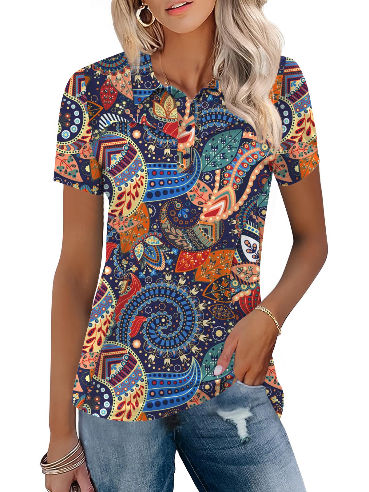 TFSDOD Womens Golf Polo Shirts Collared Short Sleeve T Shirt Lightweight Moisture Wicking Polo Casual 3 Buttons Outfits