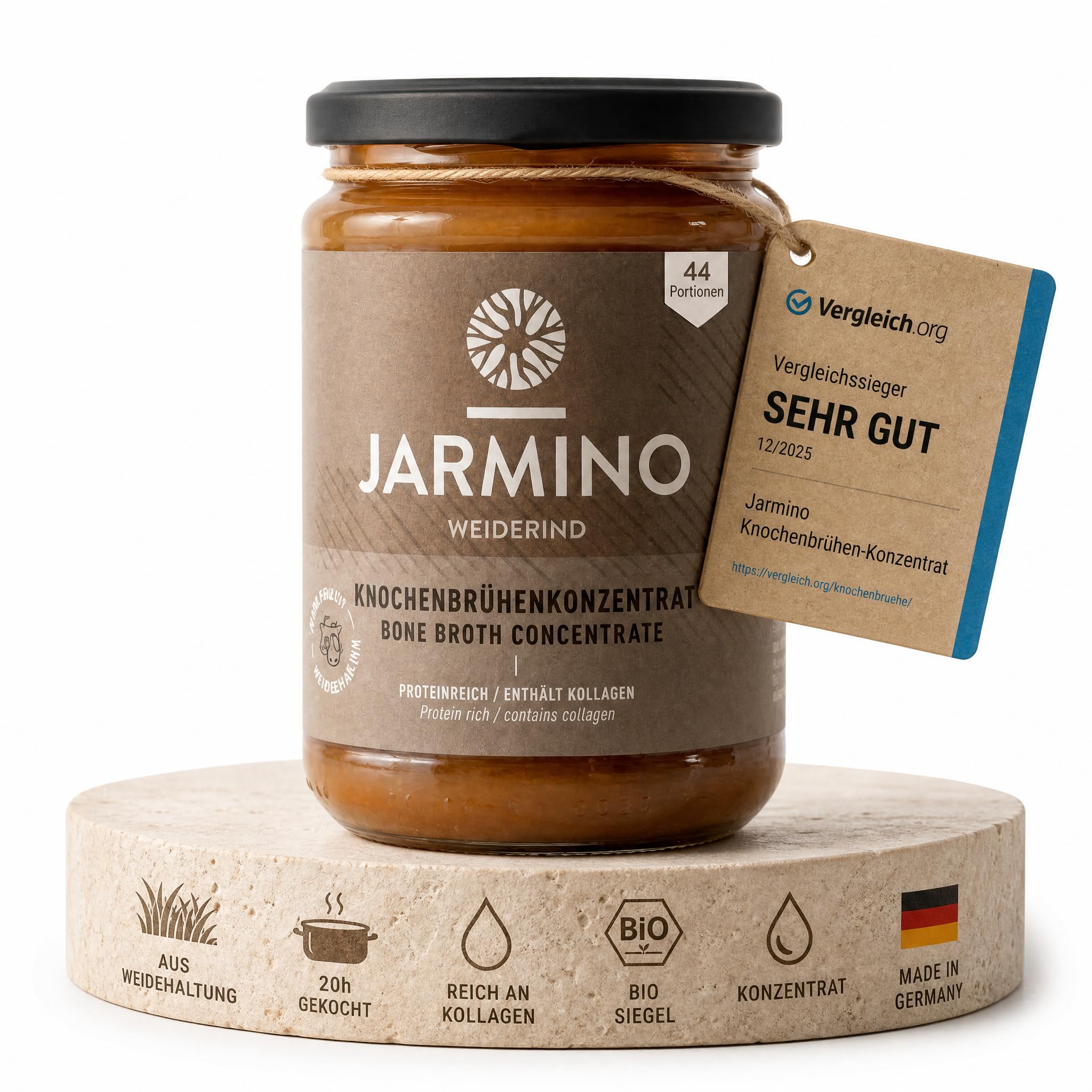 JARMINO Bio Rinderknochenbrühe Konzentrat, Grasgefütterte Knochenbrühe mit Kollagenprotein, 440 g