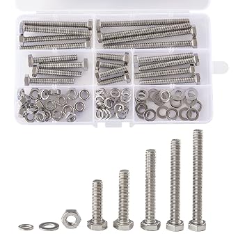M6 Screws 20-80mm Hex Head Bolts Screws, Nuts, Flat & Lock Washers, Stainless Steel 304, Machine Fully Thread, Bright Finish, Assortment Kit 20Sets