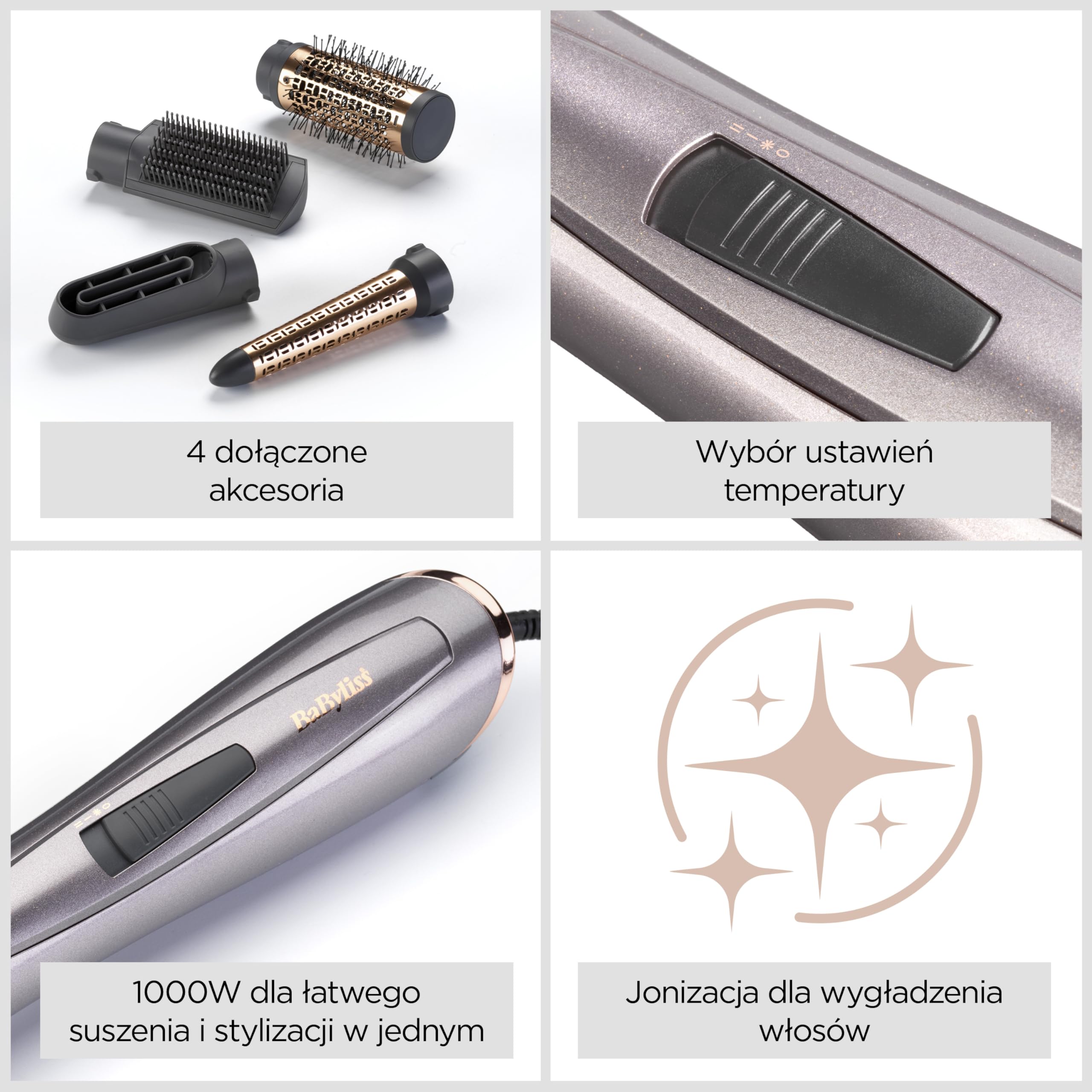 BaByliss Air Styler 1000W - wielofunkcyjna suszarka do włosów, nadająca objętość i lokówka, zaawansowany system jonizacji, kręcenia włosów, 4 nakładki, miedziano-szary, AS136E