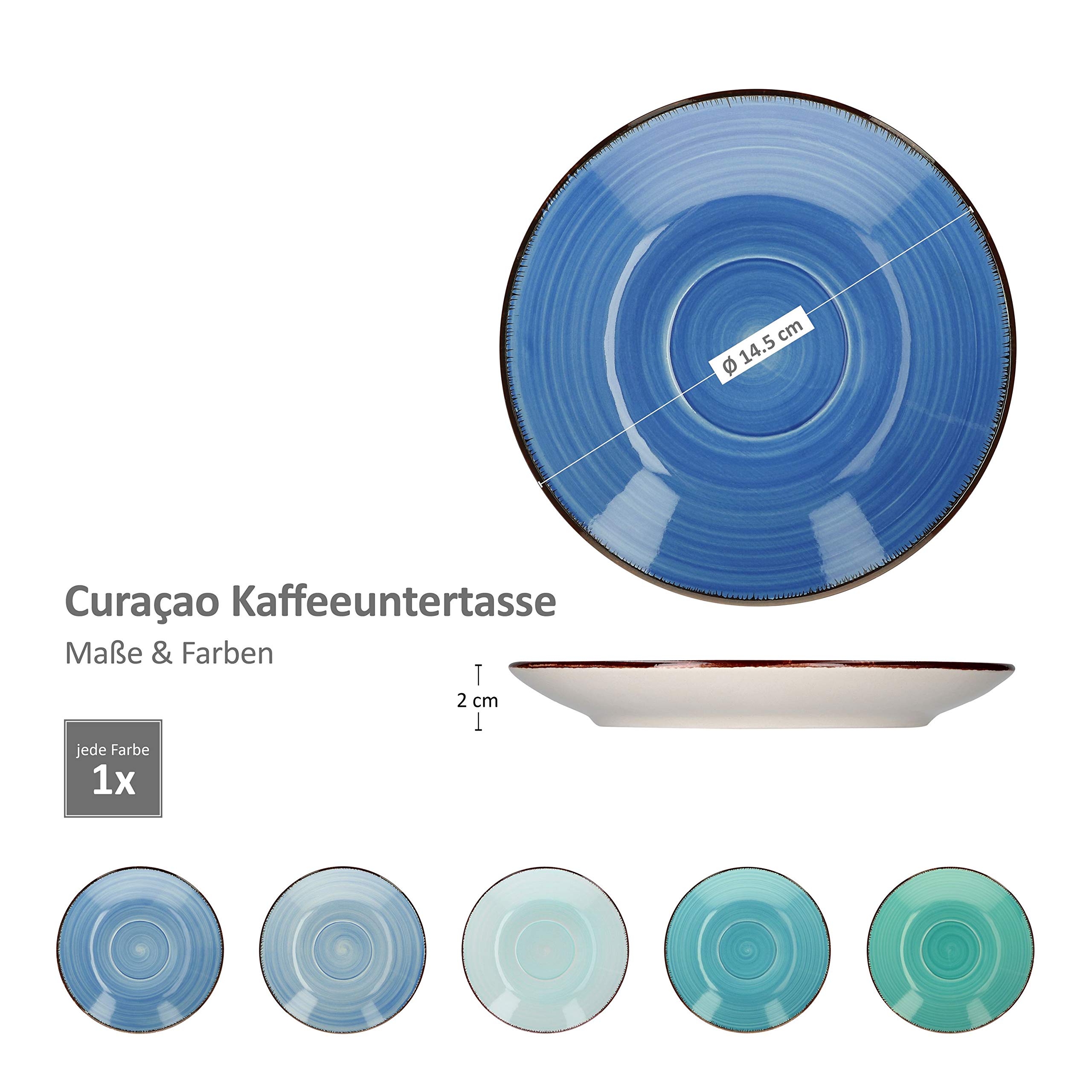 MamboCat 18-Teiliges Kaffee-Service Blue Curacao - Geschirr-Set für 6 Personen, Handbemalt - Steingut Mit Tassen, Unterteller, Kuchenteller - Buntes Set